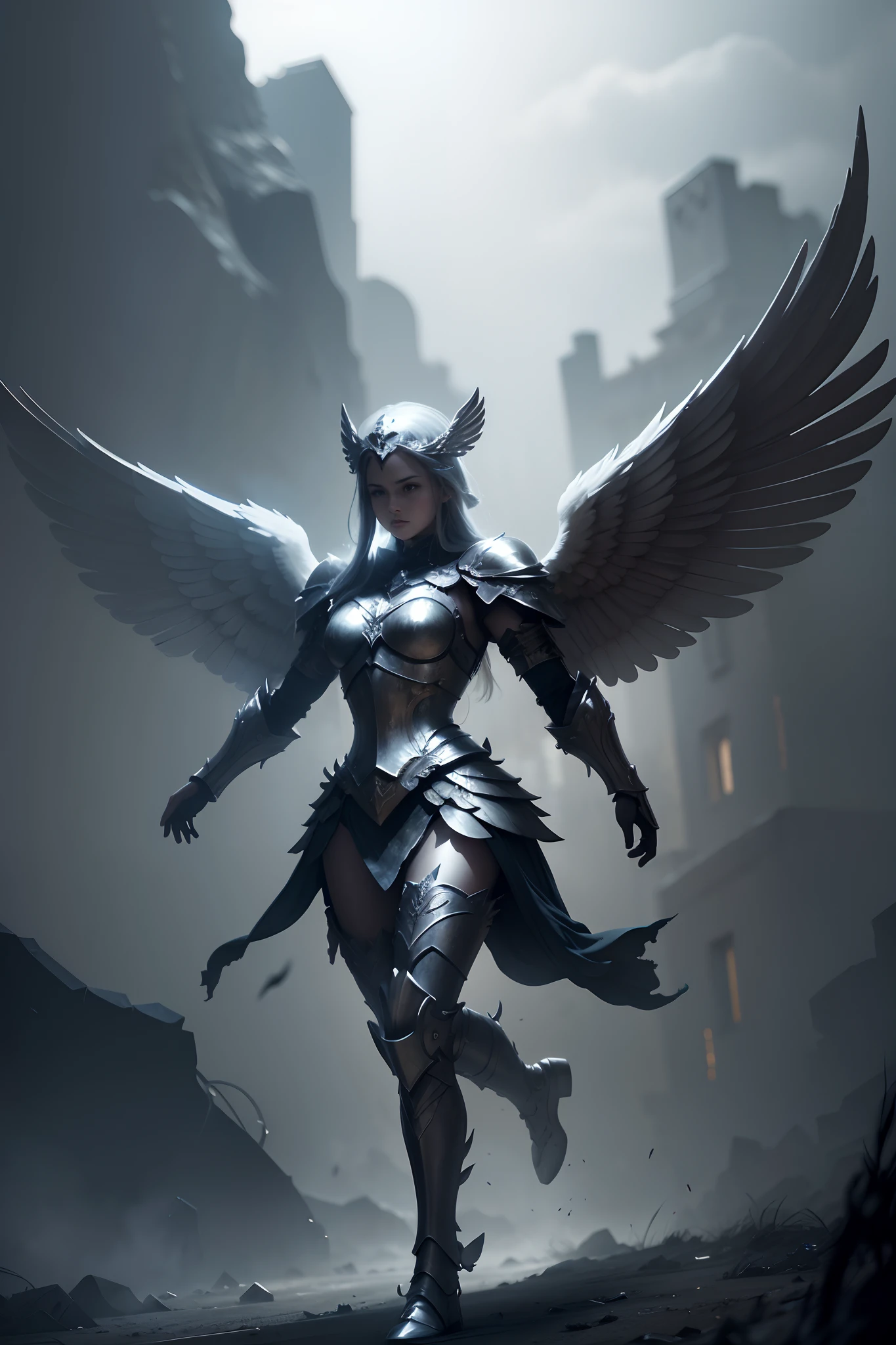 full body with legs flying,warrior ancient armour angel (( wings)),fighting in the darkness,photo hd,4k,8k