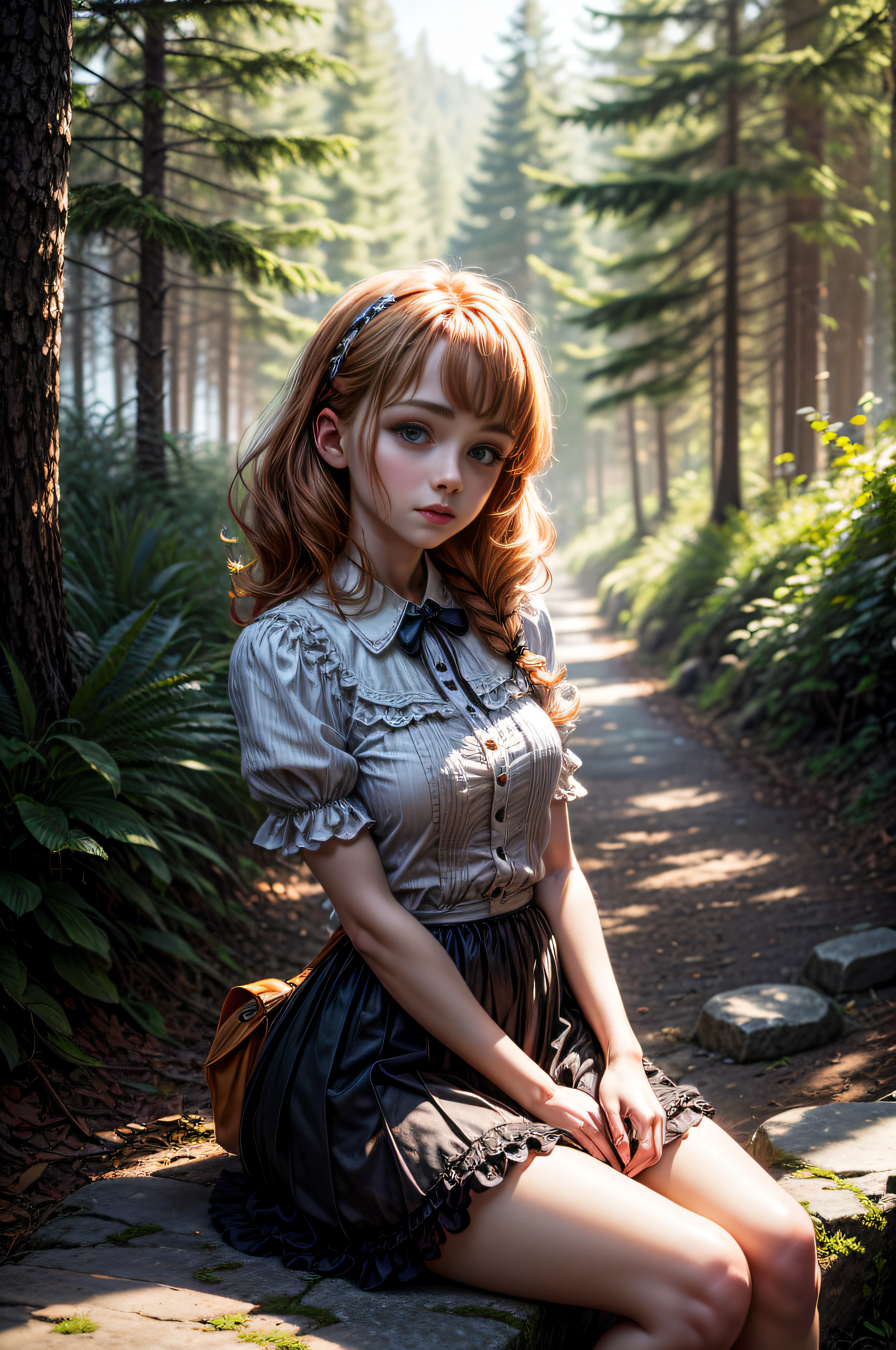8k, masterpiece, ta, ginger hair, ginger eyebrows, she's looking at us, Sunlit, Frolicking happily, colorful Dress with skirt, frickles, pine forrest on a windy day, sunlit day, Sitting on a stone, marking on us
