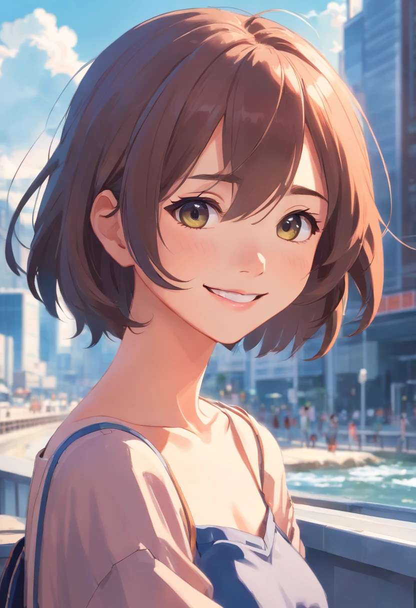 best quality, masterpiece, ultra high res, photorealistic, 1girl, offshoulder, smile