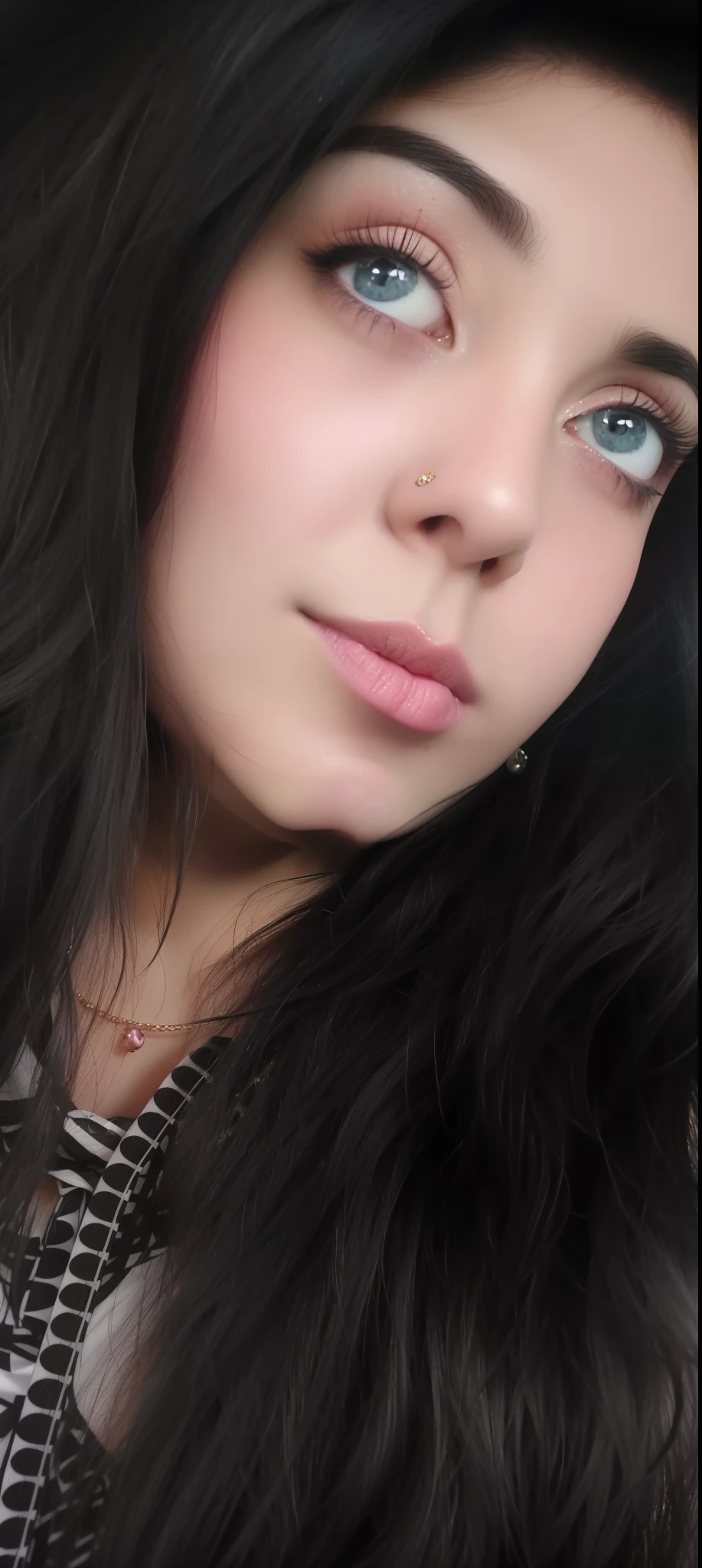 there is a woman with long black hair and a cell phone, small lips pointy nose, septum piercing, face picture, close up face, very very low quality picture, long pointy pink nose, nose piercing, full face close up portrait, close - up on face, face close up, real detailed face, frontal picture, very very very beautifull face sexy