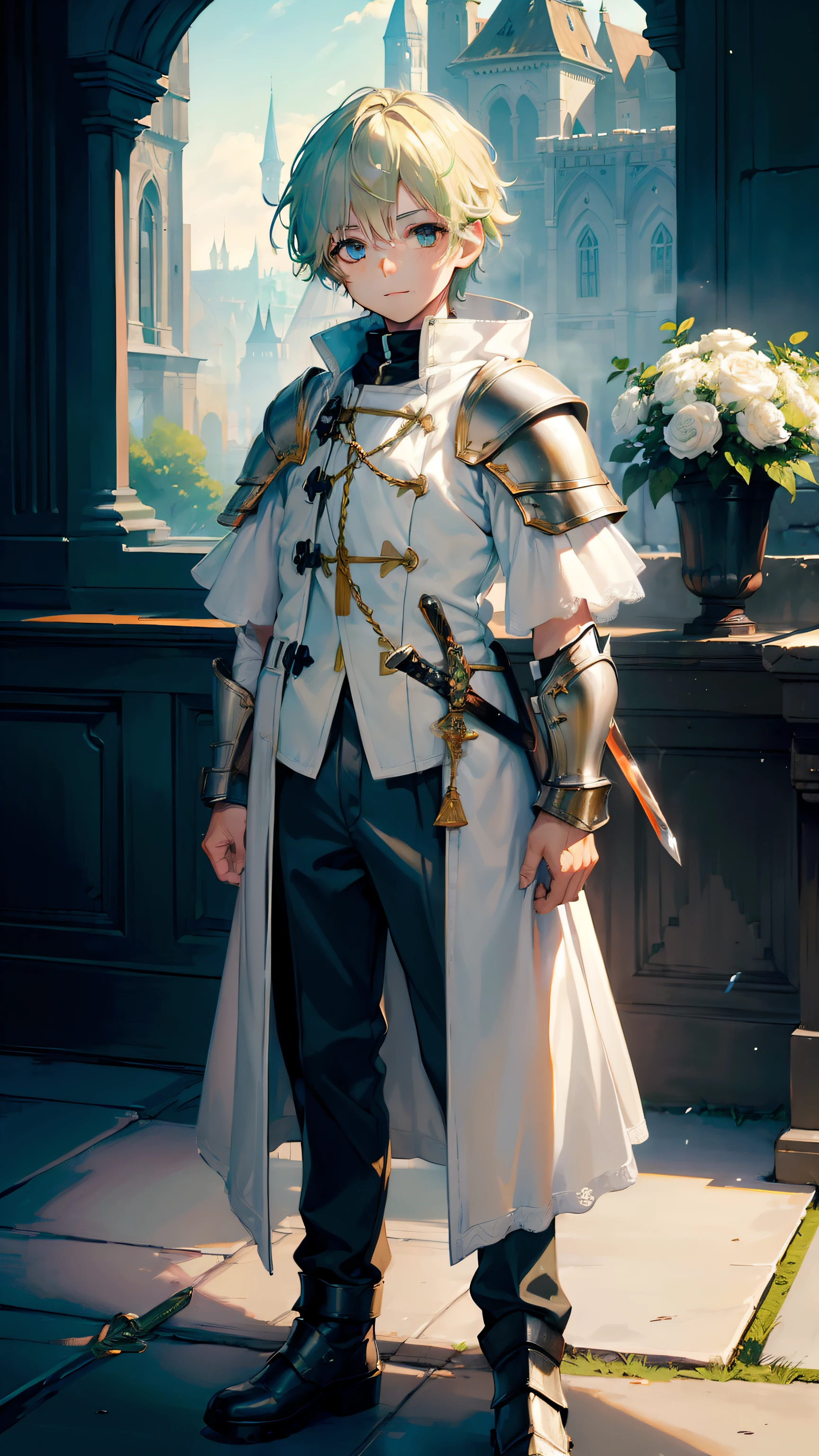 (((((boy))))), masterpiece, ultra detailed, 8K Portrait, Raw photo, a portrait photo of, Highly detailed face, beautiful and meticulous eyes, ((Fantasy)), 10 year old boy, Medium wavy light green hair, Kind face, Cute smile, knight trainee, (((light leather armor))) (((white silk long coat))) Fluttering in the wind, Leather boots, (((equip a short sword))), Midday Sun, Hyper realistic, in a castle, Ambient lighting, Shadow details , strong breeze, Light fog