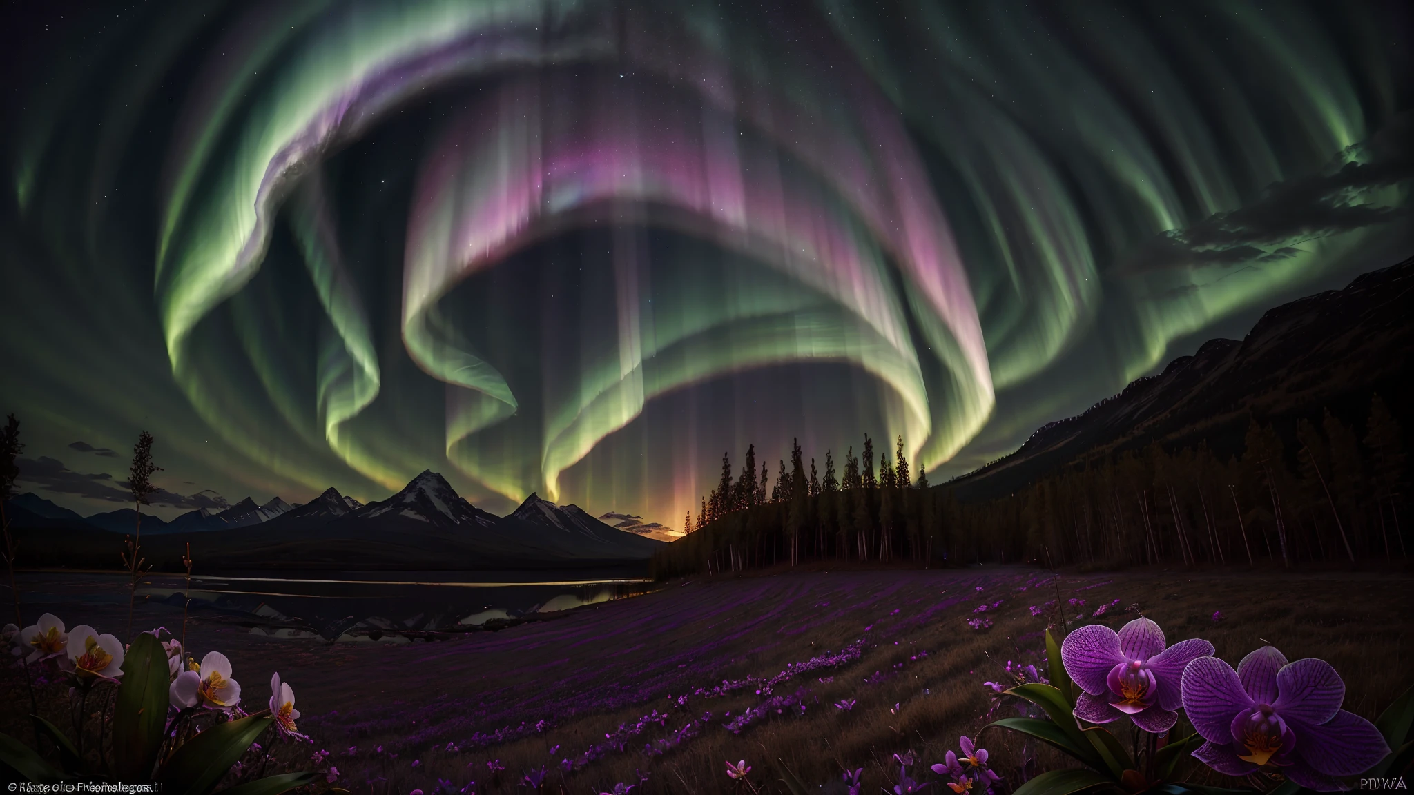 "Spectrolite Witness" - Awe-inspiring, intricate, prismatic depiction of the vibrant auroras in the northern skies, draped in an ethereal, kaleidoscopic style, emanating cosmic energy and tranquility. orchid, flowervirus, fantasy00d.