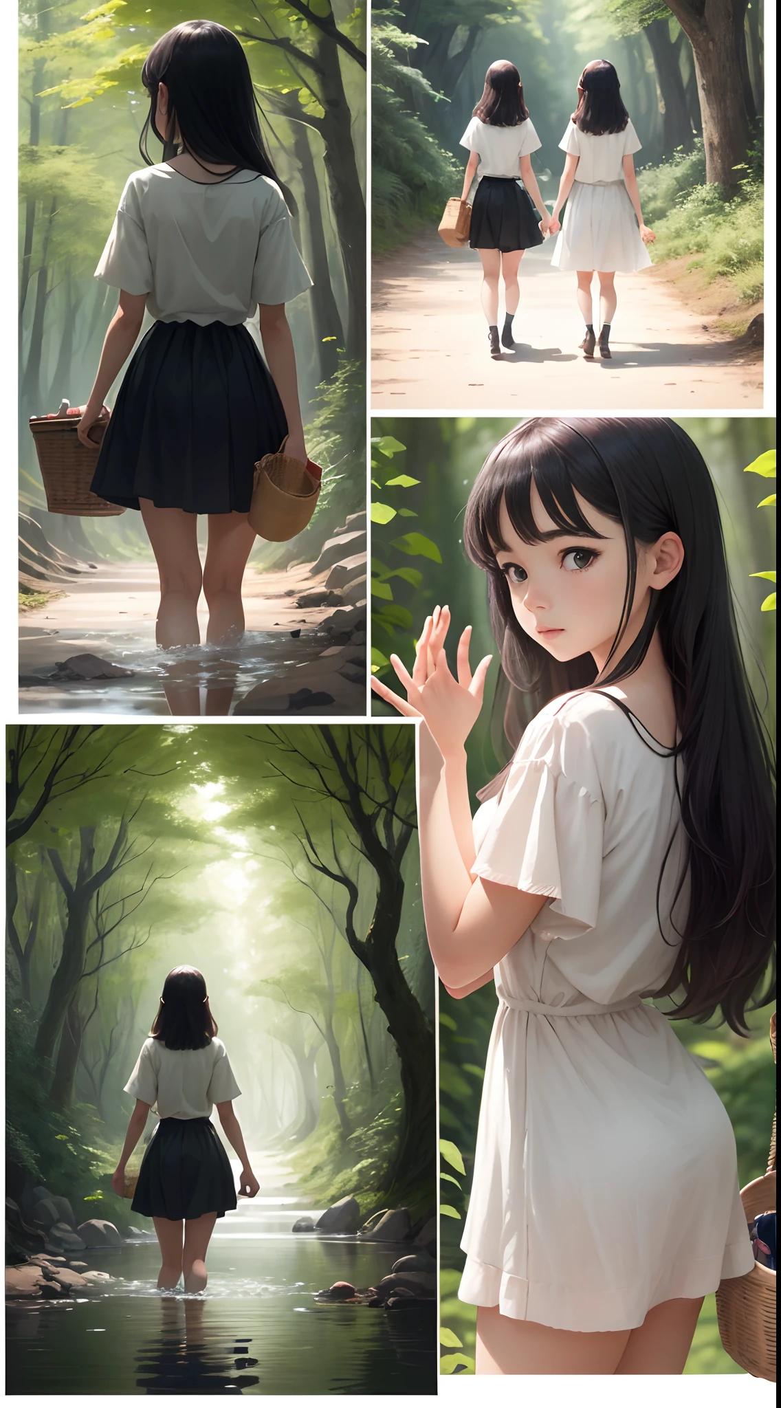A storyboard of a short anime about a mysterious one-headed creature and a girl who picked it up, Number the frames from 1 to 6 in the order of reading from top left to bottom right, Frame 1: A forest scenery where the girl and the creature meet, Frame 2:A back view of the girl walking with a basket, Frame 3: A top view of the girl walking, Frame4: A picture of the girl and the creature floating in the lake staring at each other, Frame 5: A side view of the girl's curious face looking to the left, Frame 6: A picture of the girl's hand reaching out to the creature,