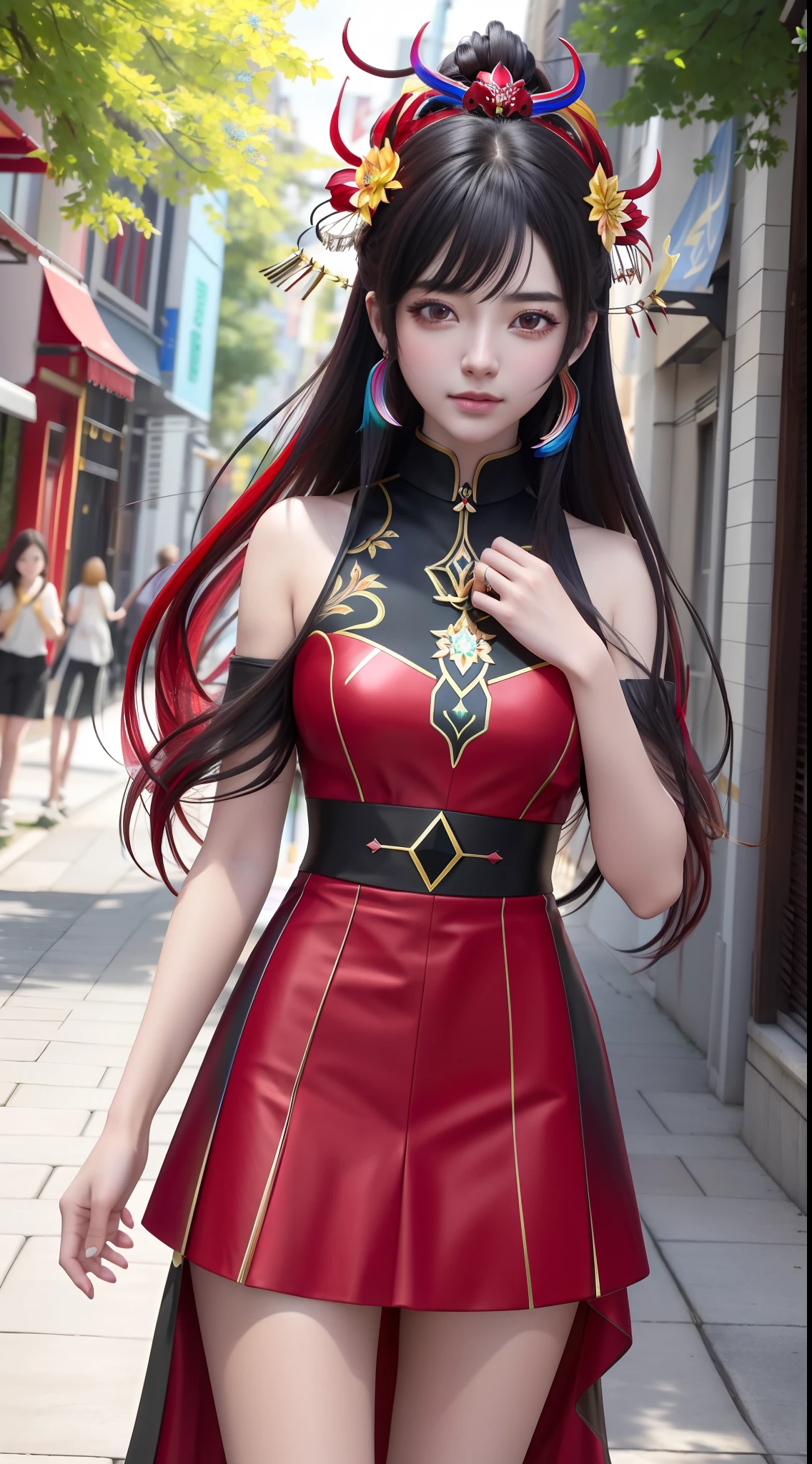 realistic,photorealistic,masterpiece,best quality,1girl,solo,(standing in street),looking at viewer,(long hair),(hair ornament:1.4),(focus on),(((colorful))),Masterpiece,best quality,beautifully painted,highly detailed,(denoising:0.6),highly,detaild,(masterpiece, best quality, extremely detailed CG unity 8k wallpaper,masterpiece, best quality, ultra-detailed),(Lycoris radiata),