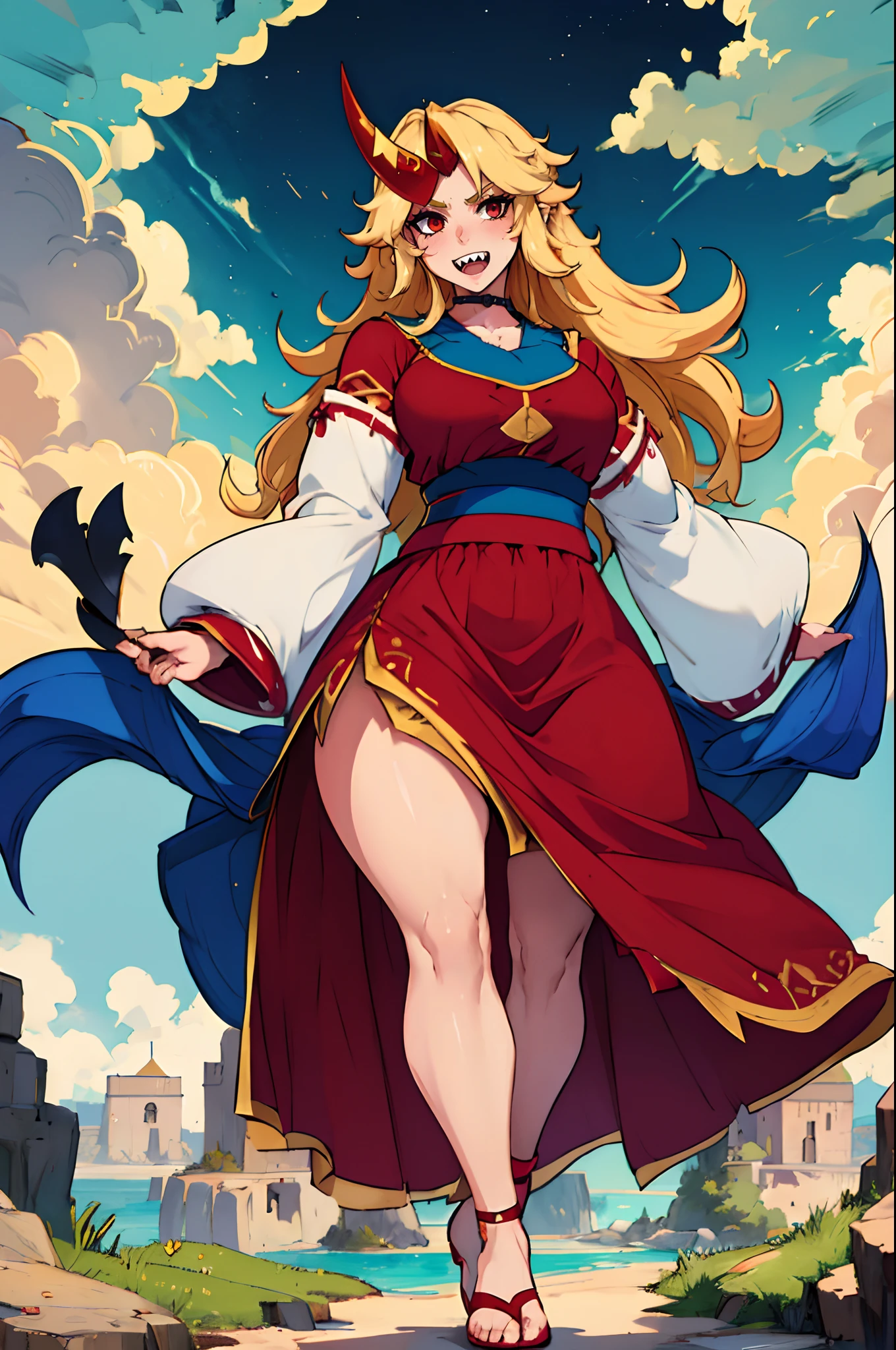 hoshiguma yuugi, european medieval cloths, crazy smile, medium breast, large skirt, long skirt, flipflops, full body, standing, medieval clothing,long skirt,(best quality,4k,8k,highres,masterpiece:1.2),ultra-detailed,(,1.37),portraits,vivid colors,warm tones,soft lighting, sharpteeth open mouth ,smile, double long skirt, long sleeves, white pullover, red and blue skirt,ultra-detailed hands,