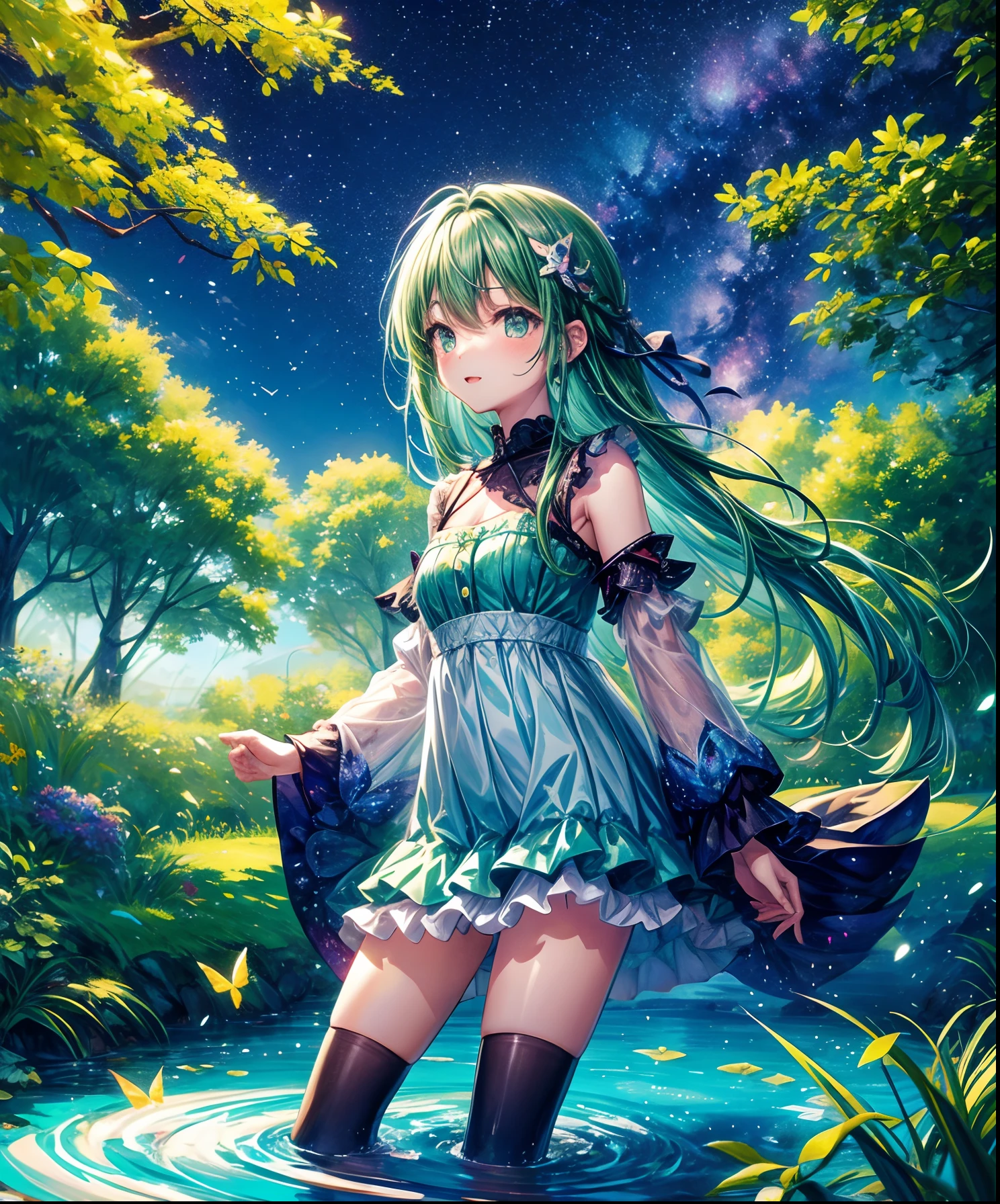 Cute girl characters、Green grass々Drawing a butterfly flying over the water, Looking up at the starry sky. Surround her with colorful nebulae and colorful forests.