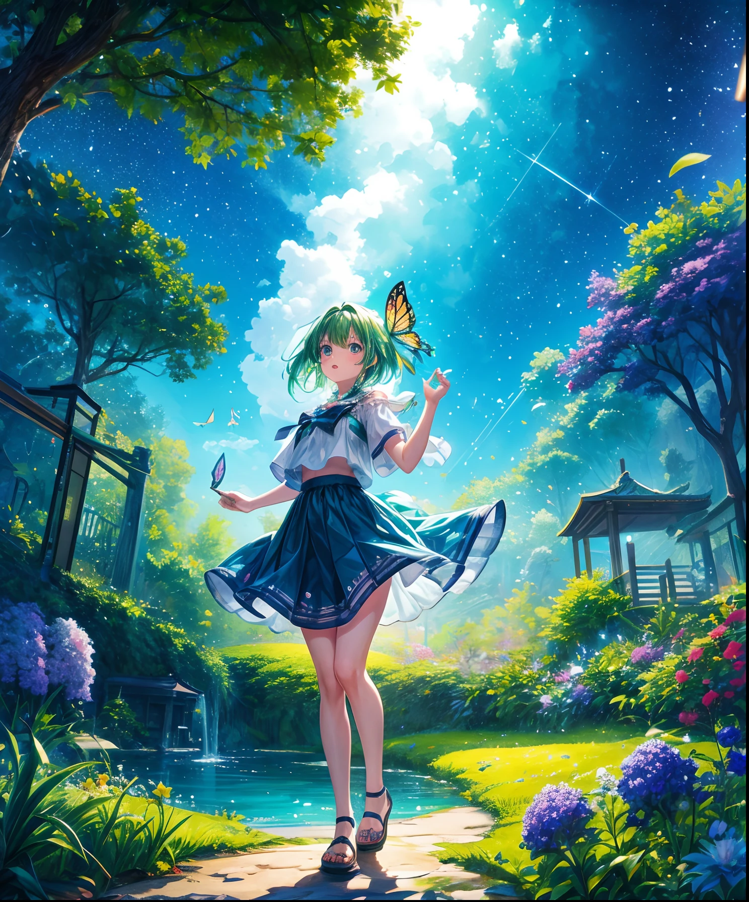 Cute girl characters、Green grass々Drawing a butterfly flying over the water, Looking up at the starry sky. Surround her with colorful nebulae and colorful forests.