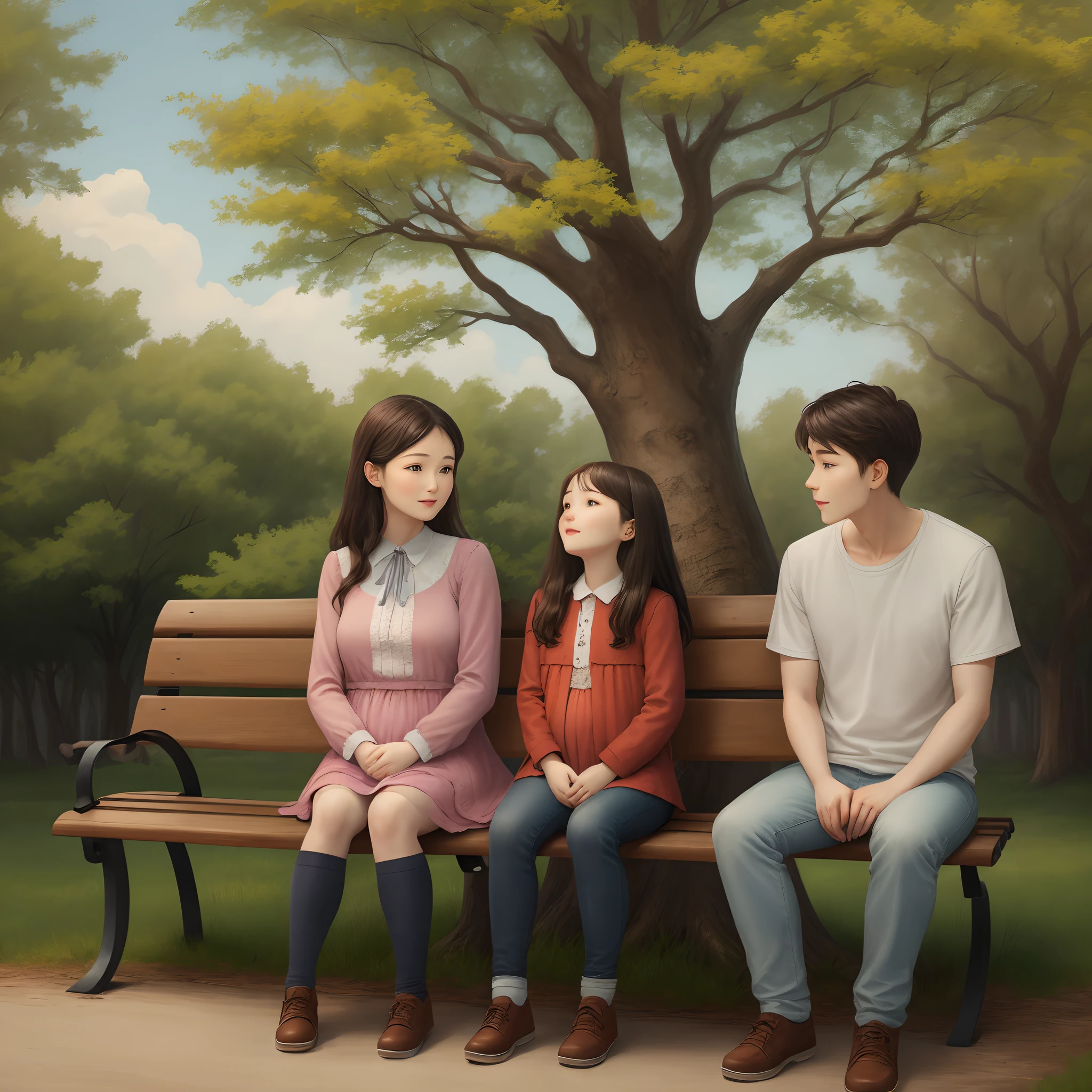 Draw a mother and child sitting on a bench under a tree