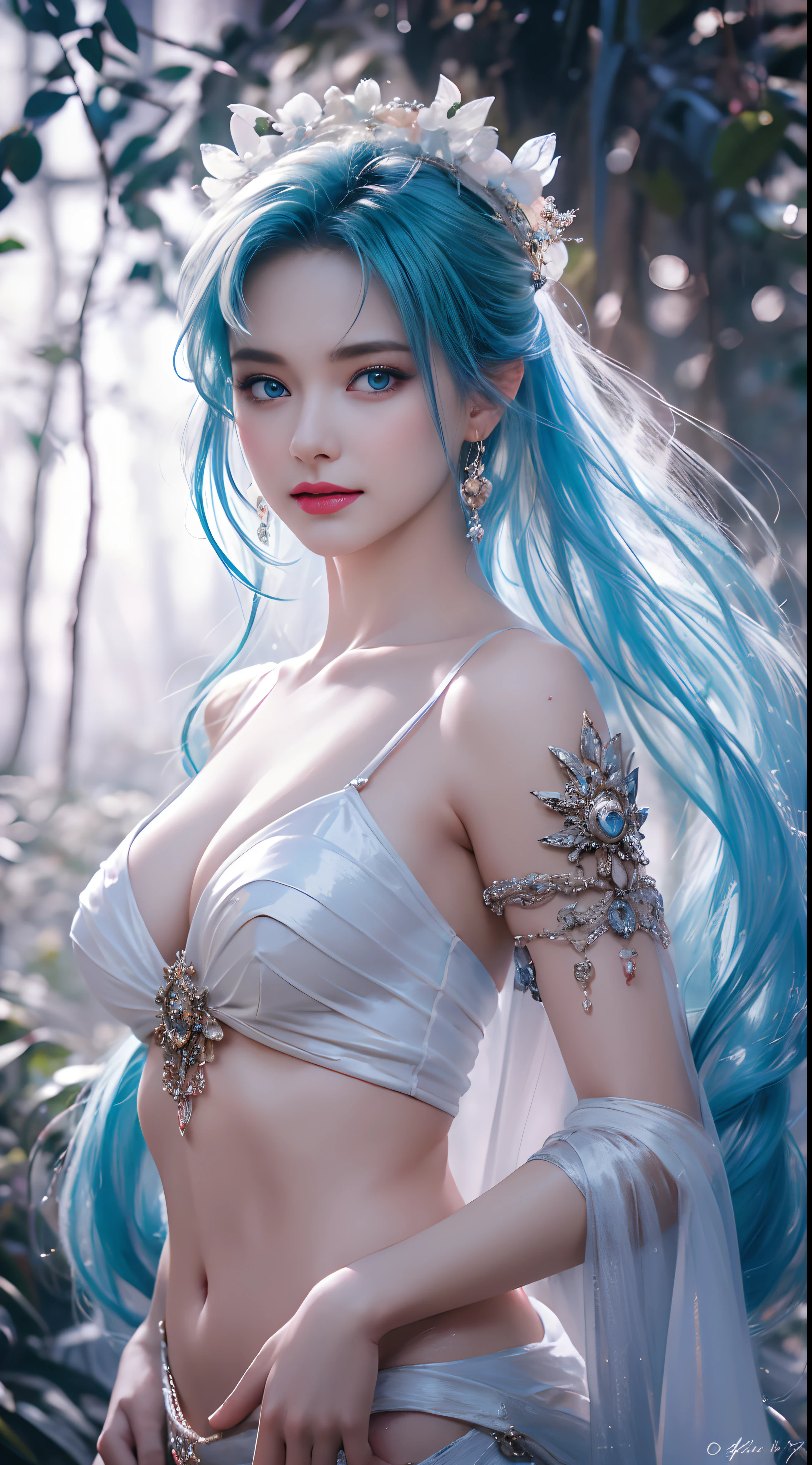 Realistic, full body portrait of a young girl, perfect body, perfect professional pose, 20 years old. Musical blue hair, beautiful realistic light blue eyes; beautiful white teeth, happy smile, attractive, make up the world's most beautiful perfect face overall, hand painted meticulously detailed highest image quality 3d 8k, perfect white skin, beautiful look, multicolor liquid acrylic, wet marble body, Michael Garmash, Daniel F Gerhartz, cinematic lighting, waterfall scene, volumetric lighting, clean and smooth art, smooth pulp adventure , ornate patterns, elegant organic frames, surrealism, masterpiece collections, realistic colors, wet gouache. Highest image quality, most detailed 8k.