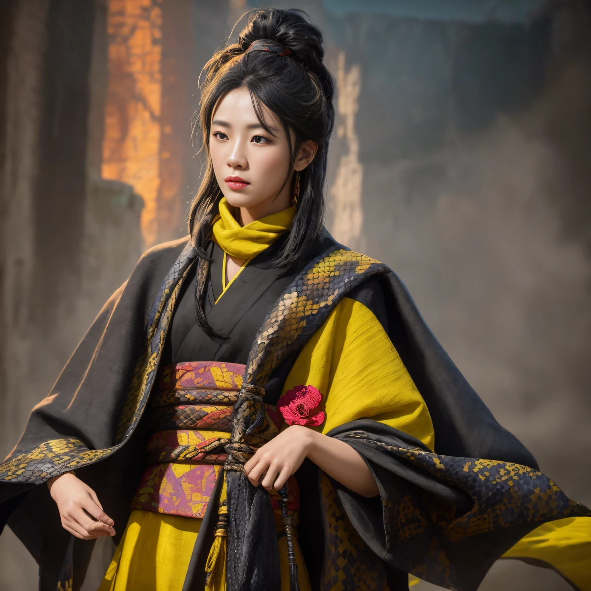 8K quality,1 girl,Backstreets,Side 32K,exteriors,Roof,People are small(tmasterpiece,k hd,hyper HD,32K)Long flowing black hair,Tang dynasty complex,zydink, a color,废墟(canyons), (Linen batik scarf), Combat posture, looking at the ground, Linen bandana, Chinese python pattern long-sleeved garment, 废墟(Abstract gouache splash:1.2)(realisticlying:1.4),Black color hair,The dust is blowing,, ultra-realistic vivid textures, Dramatic lighting, Unreal Engine Art Station Trend, cinestir 800,Flowing bright yellow hair,(((National style building)))Full body side 8K picture quality,1 girl,Backstreets,Lateral face(tmasterpiece,k hd,hyper HD,32K)Long flowing black hair,Tang dynasty complex,zydink, a color,废墟(canyons), (Linen batik scarf), Combat posture, looking at the ground, Linen bandana, Chinese python pattern long-sleeved garment, 废墟(Abstract gouache splash:1.2), Dark clouds lightning background,Flour flies(realisticlying:1.4),Black color hair,, RAW photogr, Sharp Re, Nikon D850 Film Stock Photo by Jefferies Lee 4 Kodak Portra 400 Camera F1.6 shots, Rich colors, ultra-realistic vivid textures, Dramatic lighting, Unreal Engine Art Station Trend, cinestir 800,floated hair,(((National style building)))Full-body side