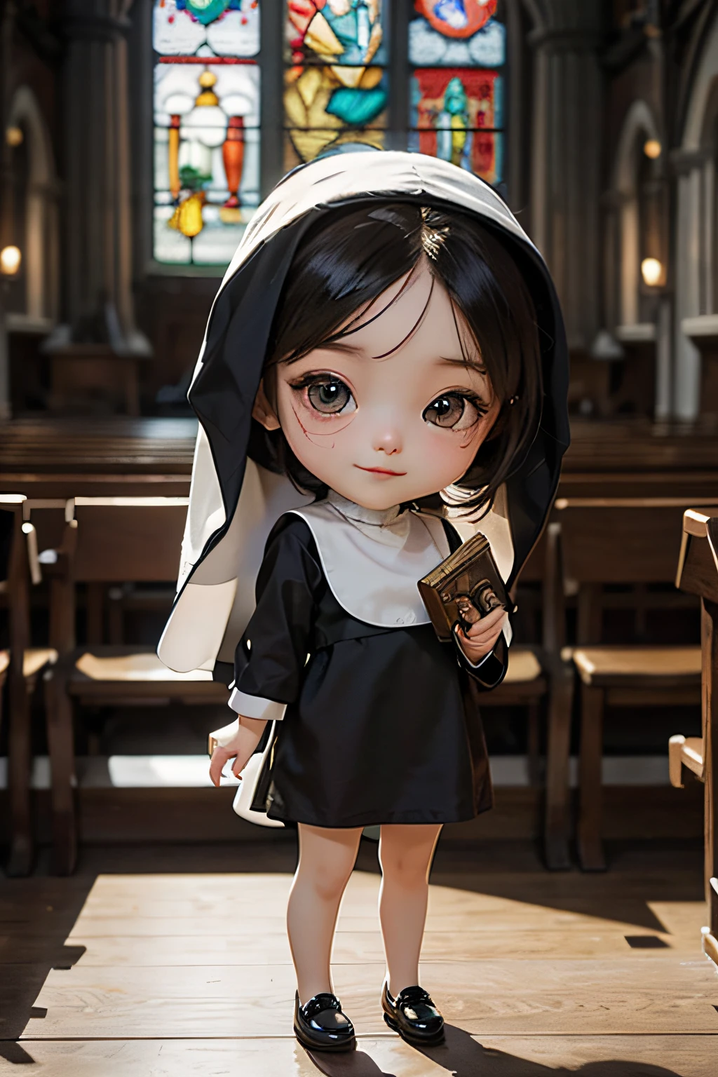masterpiece、top-quality、ultra-detailliert、Full body depiction、(Chibi Nun:1.2)、独奏、Cosplay、inside a church、stain glass、doa