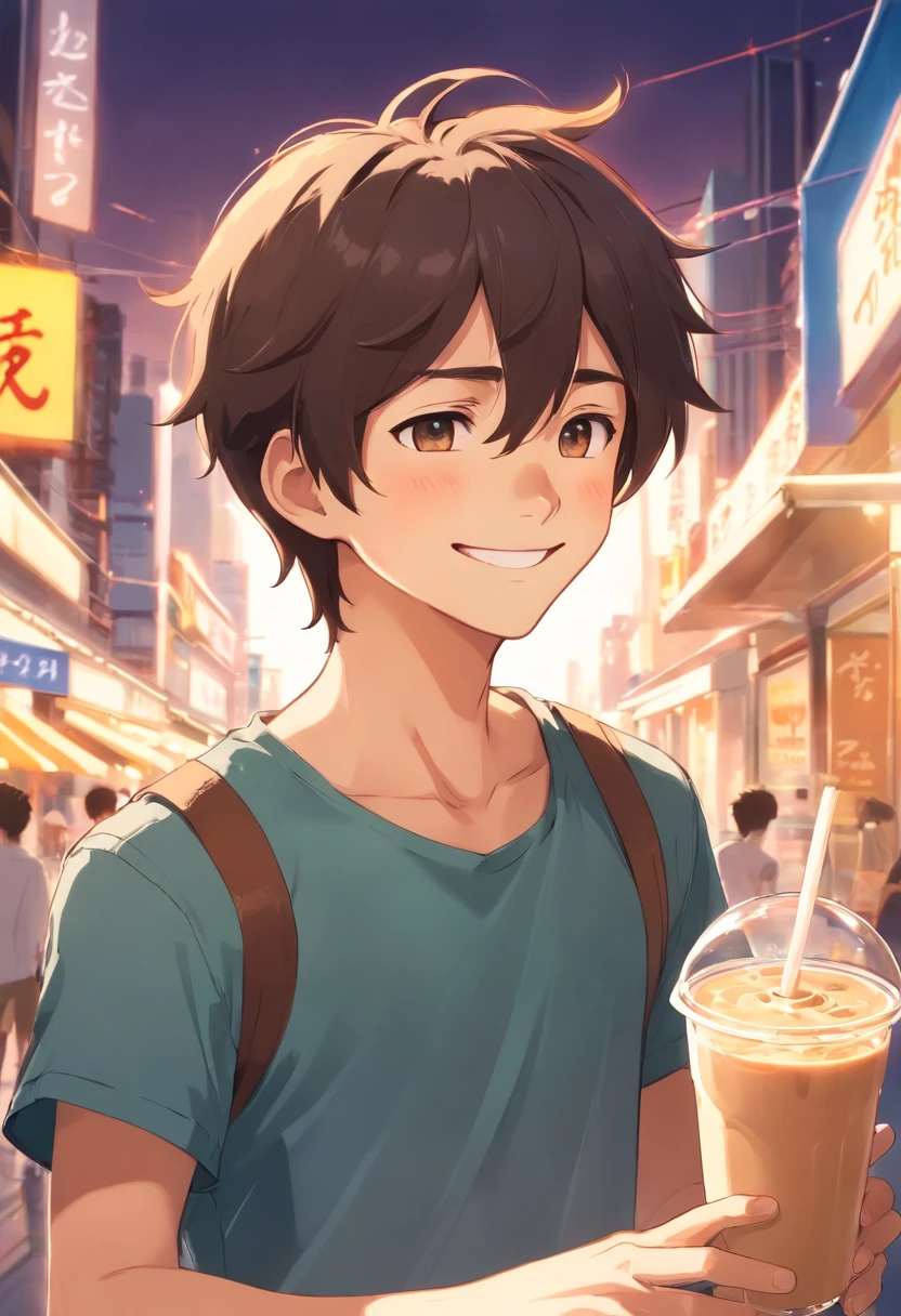 Boy, portrait, smile, milk tea, close eyes