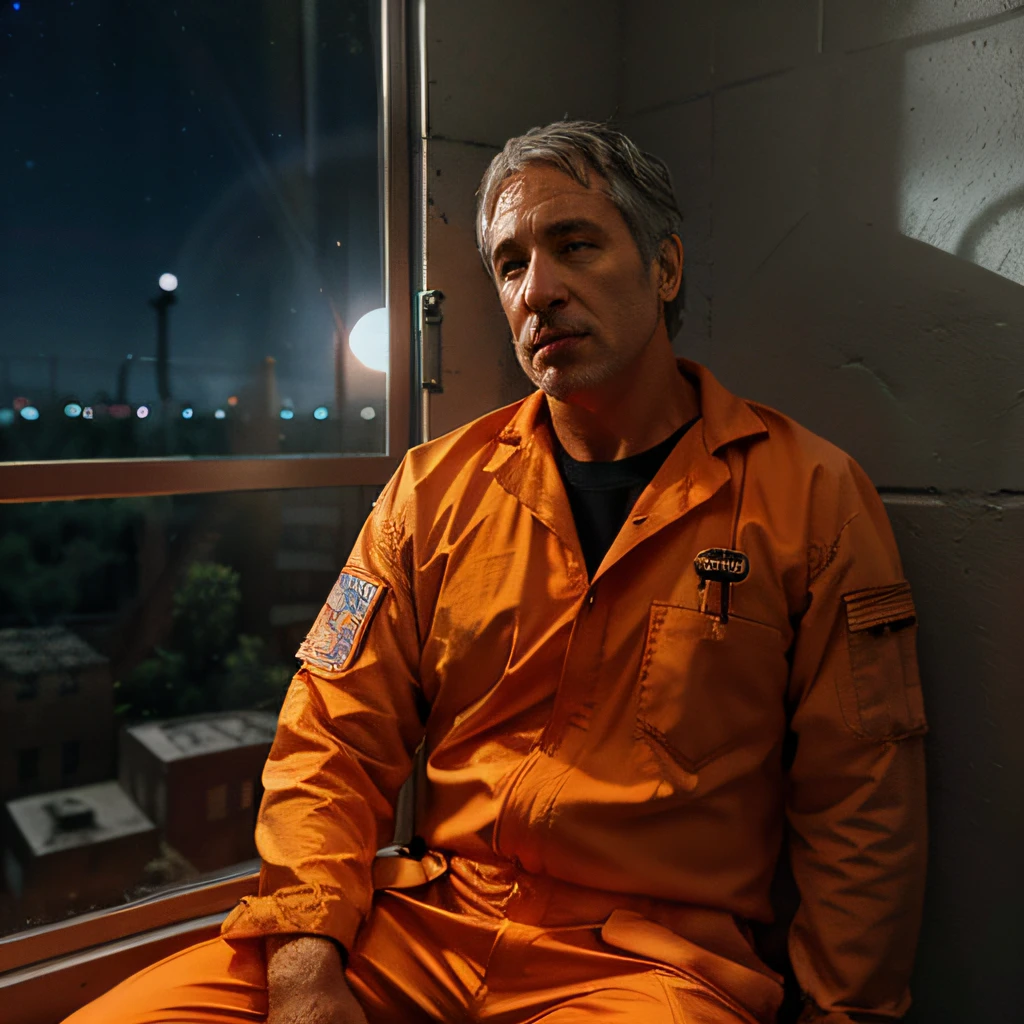 Jeffrey Epstein wearing an ((orange jumpsuit)), (((sitting in a prison cell))), iron bars, sharp focus, ((wide angle 35mm)), (atmospheric lighting), night sky, moonlight coming through window, volumetric lighting, specular lighting, moon beams, raytracing, subsurface scattering, raycast, prison grounds background, eyes looking at camera, sharp focus, extreme focus, super detailed focus, extreme bokeh, night sky, ambient light, volumetric lighting, raytracing, reflection, refraction, subsurface scattering, raycast, raycasting, moon beams, hdr, sharp focus, extreme focus, super detailed focus, dof, extreme dof, bokeh, extreme bokeh, high quality, highest quality, 8k, 16k, photorealistic, photoreal