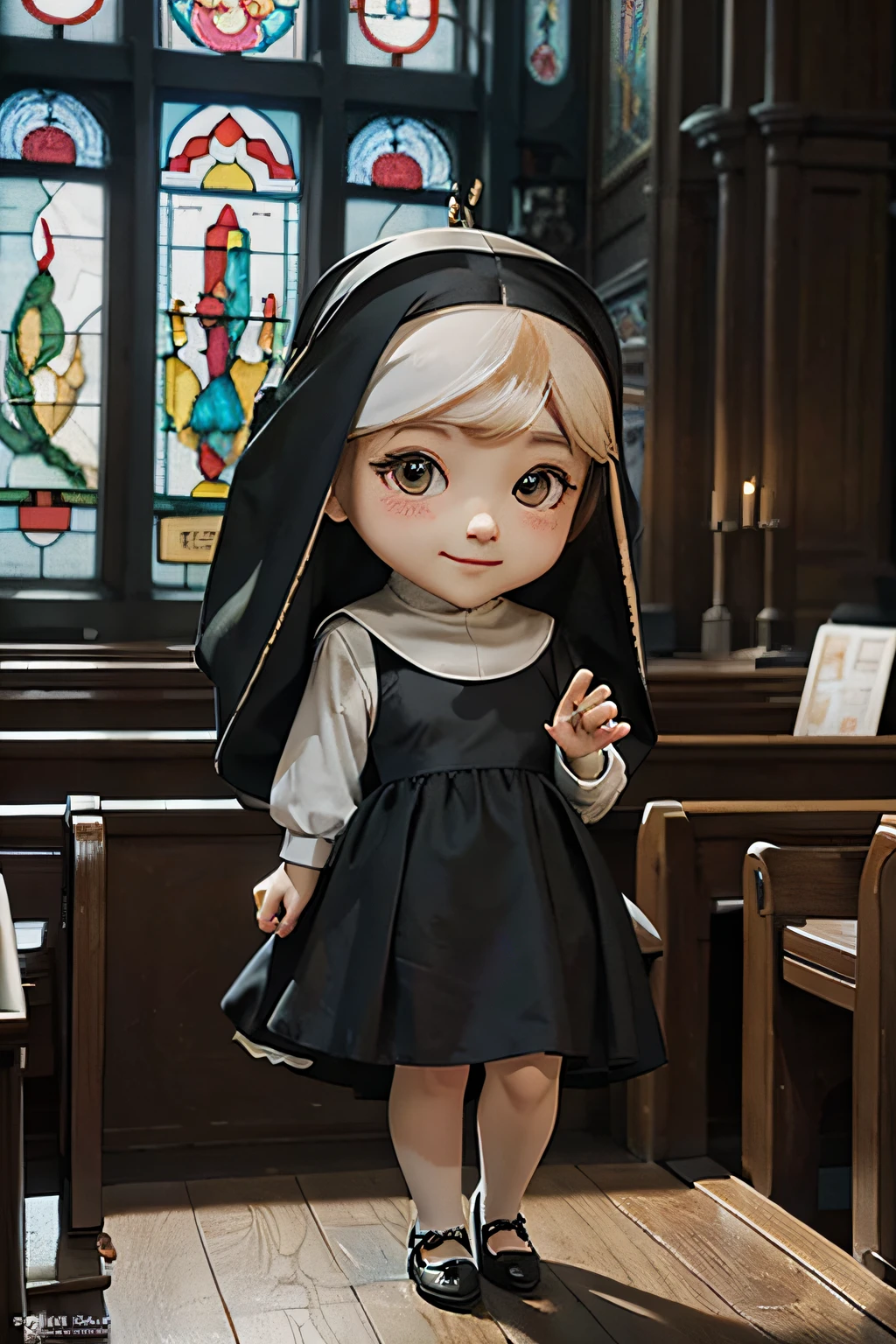 masterpiece、top-quality、ultra-detailliert、Full body depiction、(Chibi Nun:1.2)、独奏、Cosplay、inside a church、stain glass、doa