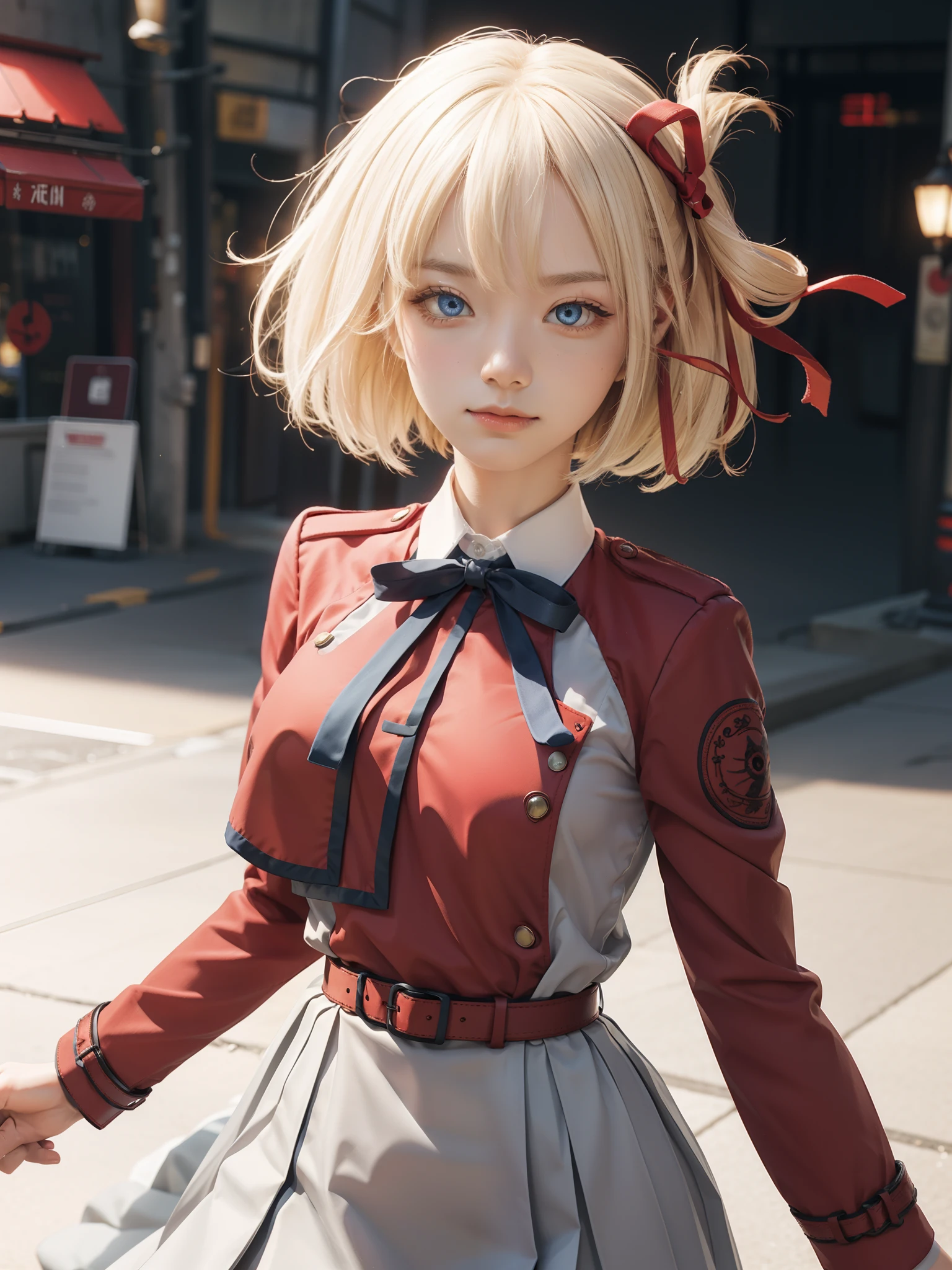 chisatonishikigi, nishikigi chisato, short hair, bangs, blonde hair, (red eyes:1.5), hair ribbon, one side up, bob cut,
BREAK shirt, long sleeves, dress, ribbon, white shirt, collared shirt, belt, neck ribbon, red dress, blue ribbon, pleated dress, grey dress, two-tone dress, red belt, lycoris uniform,,
BREAK outdoors, city,
BREAK looking at viewer, BREAK (masterpiece:1.2), best quality, high resolution, unity 8k wallpaper, (illustration:0.8), (beautiful detailed eyes:1.6), extremely detailed face, perfect lighting, extremely detailed CG, (perfect hands, perfect anatomy),