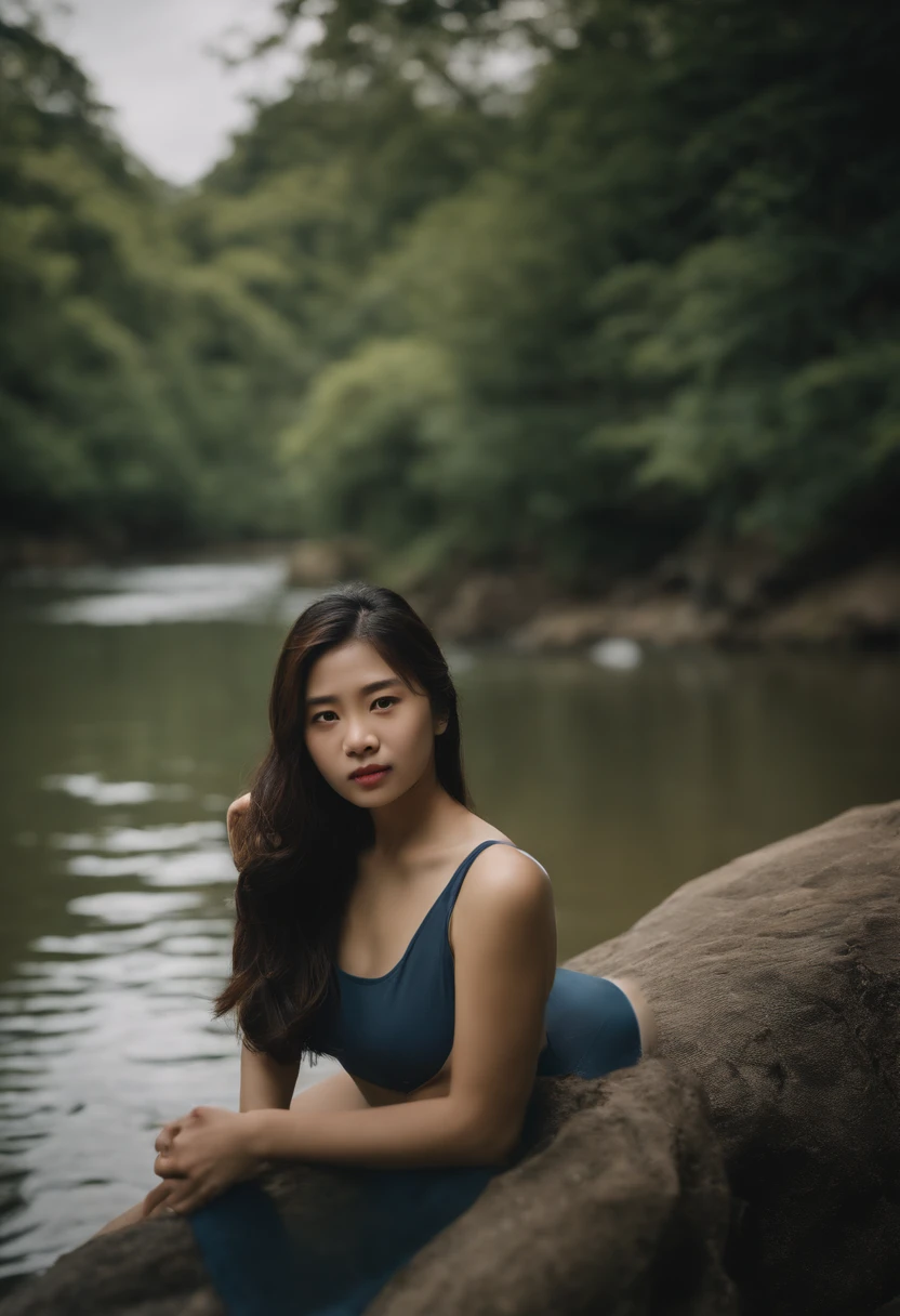 Japan Women。Age is around 15 years old。There is only one person in the photo。wearing a swimming wear。The whole body facing the front is depicted。The background is a river in the forest。Hair length medium。Very pretty girl。