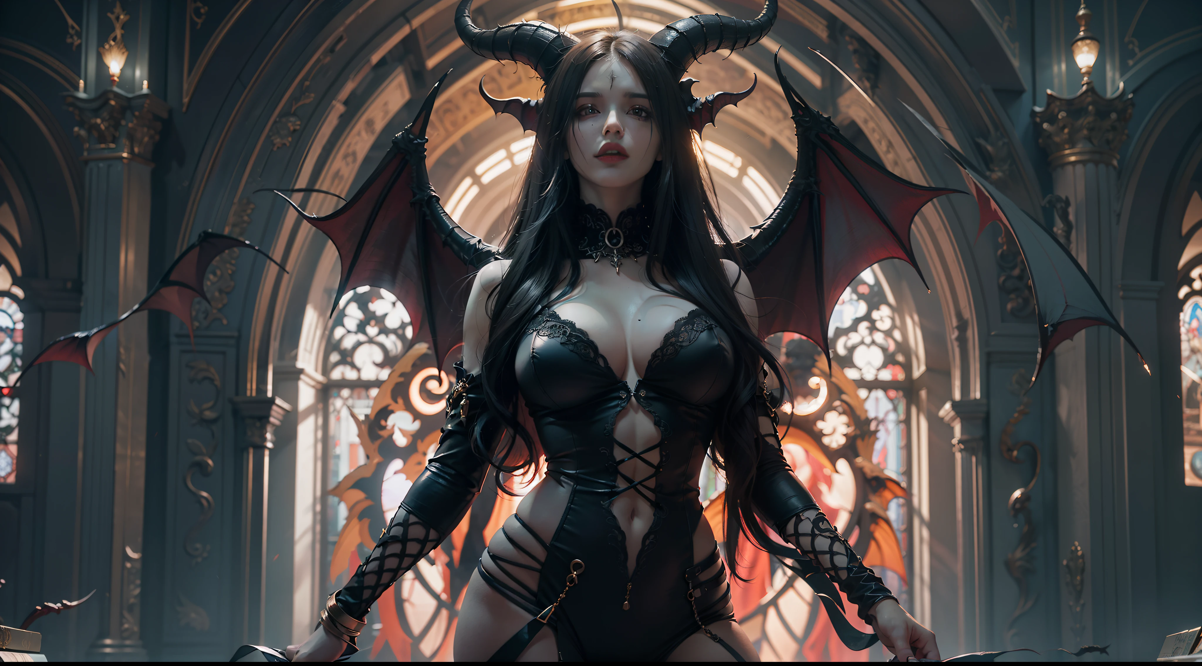 Beautiful full body photograph of perfect ((demonic Succubus)), slender body, ((big heavy breasts)), shapeless long hair, tiny horns, (wearing revealing gothic outfit), perfect features, abstract beauty, near perfection, pure form, ((dynamic pose)), ethereal demonic background, ((dark shadows)),  ((rim lighting)), concept art by Greg Rutkowski and John William Waterhouse and Alphonse Mucha, stunning details, intricate details, 8k post-production, High resolution, super details, trending on ArtStation, sharp focus, depth of field f/1.8, studio photo.