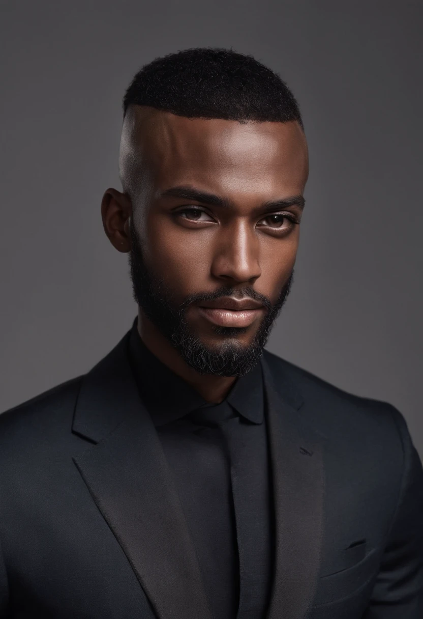 brown skin man,physically well built, very short beard,bald,black business attire, high cheek bones,