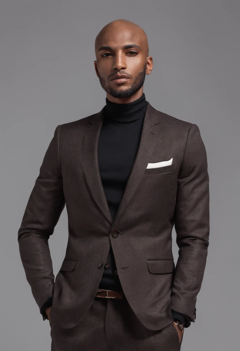 brown skin man,physically well built, very short beard,bald,black business attire, high cheek bones,
