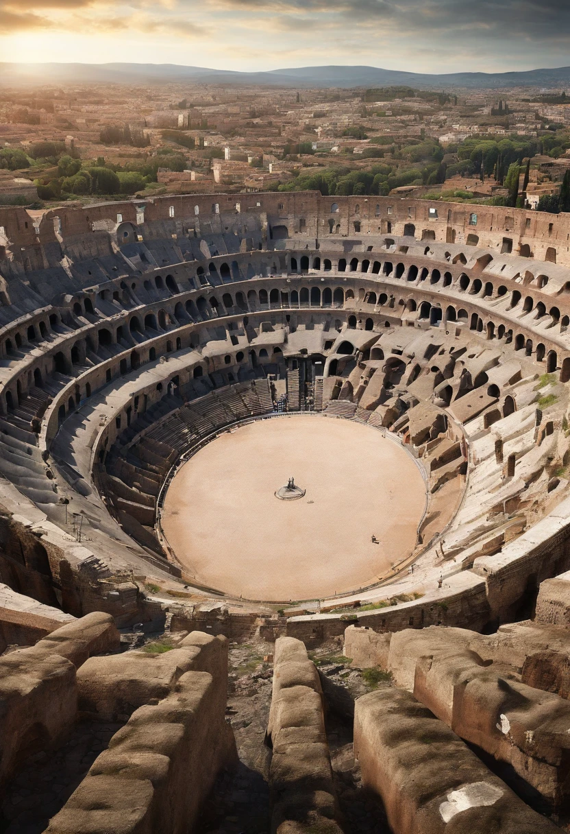 coliseo romano con un podio al centro en primer plano, personas en las gradas