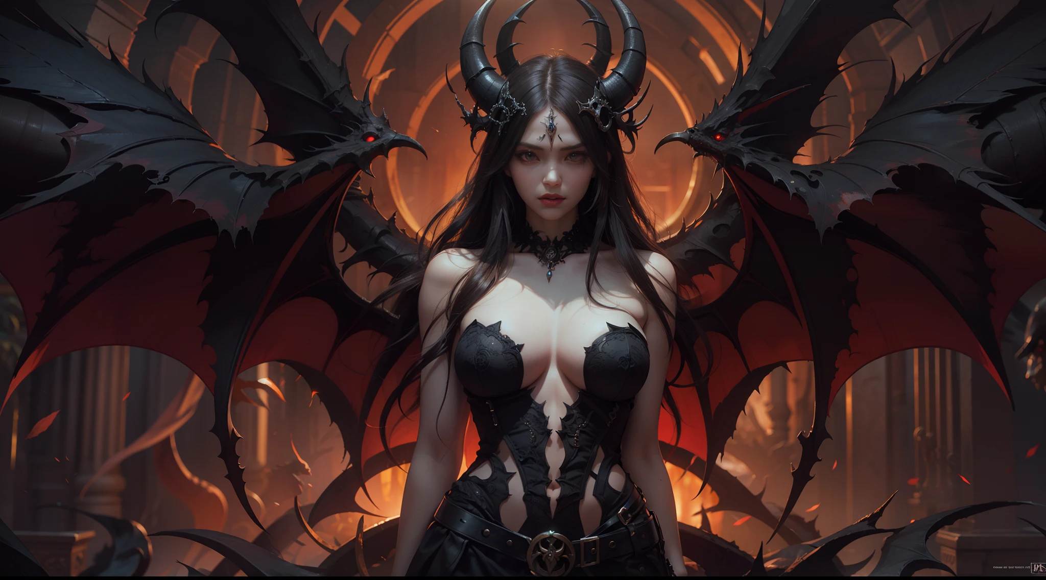 Beautiful full body photograph of perfect ((demonic Succubus)), slender body, ((big heavy breasts)), shapeless long hair, tiny horns, (wearing revealing gothic outfit), perfect features, abstract beauty, near perfection, pure form, ((dynamic pose)), ethereal demonic background, ((dark shadows)),  ((rim lighting)), concept art by Greg Rutkowski and John William Waterhouse and Alphonse Mucha, stunning details, intricate details, 8k post-production, High resolution, super details, trending on ArtStation, sharp focus, depth of field f/1.8, studio photo.