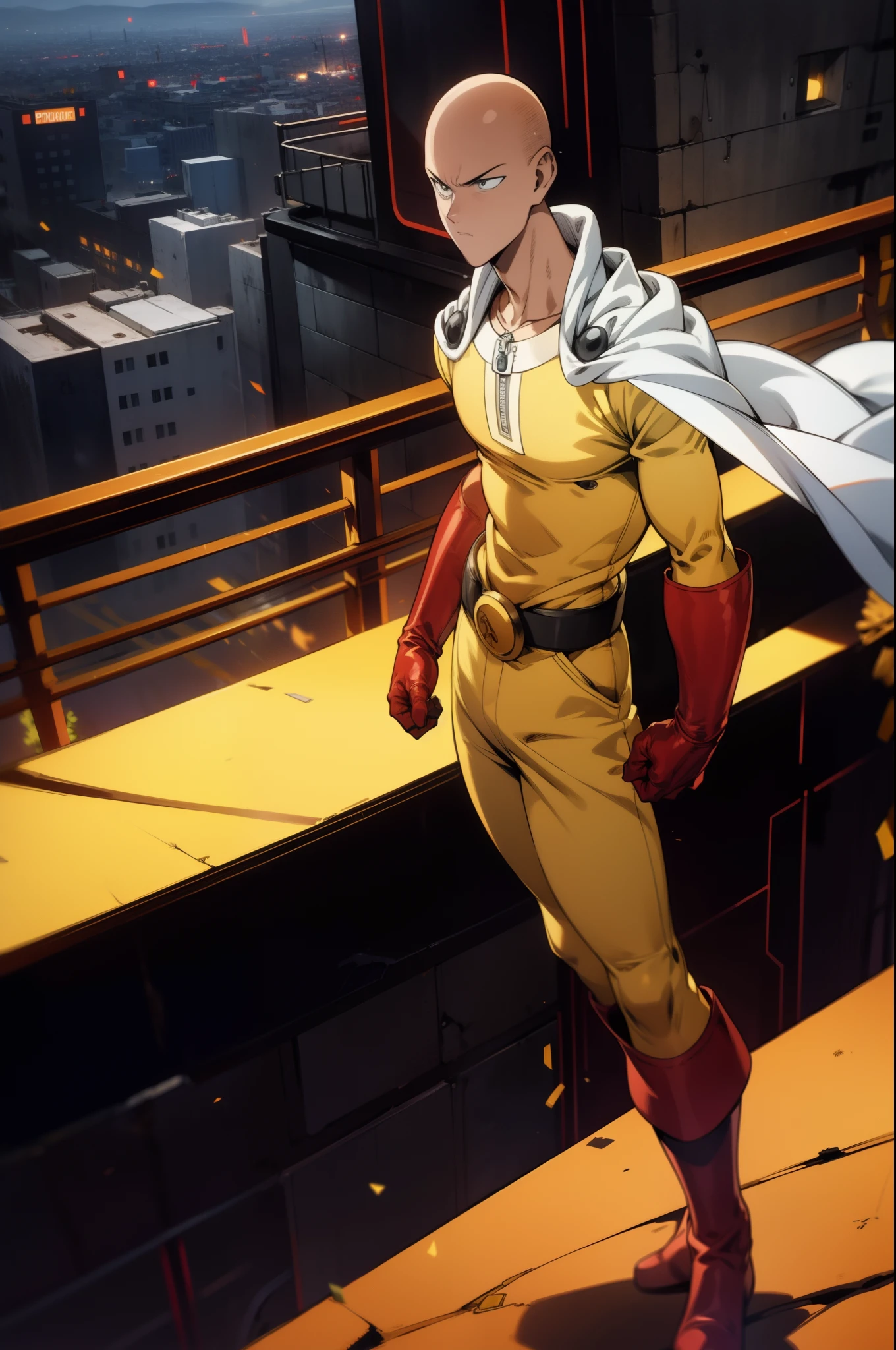 masterpiece, best quality, 1boy, (saitama), bald head, standing, yellow clothes, white cape, red gloves, red full boots, detailed face, serious, angry, aura power, night, natural light, standing, on the top of a building, male focus, movie composition, deth of field, bokeh, (futuristic), (full body), (masterpiece), best quality, expressive eyes, perfect face,