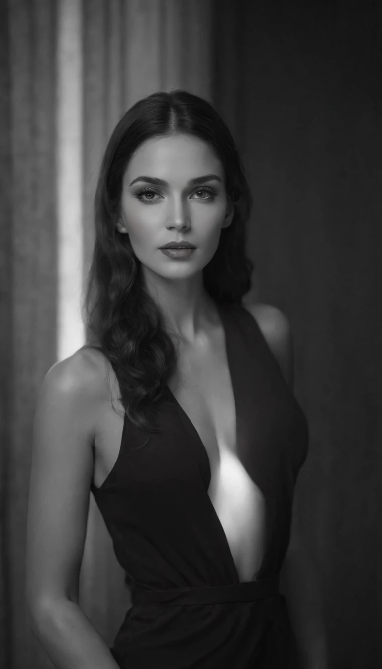A stunning black-and-white composition with a balanced model in a studio environment. The model stands out with confident balance, retroiluminado por um brilho suave que delineia sua silhueta. O jogo de luz e sombras cria uma atmosfera sedutora, casting dramatic contrasts that emphasize the contours of the model. The background is a subtle mix of deep dark tones and faint outlines, Enhancing the Enigmatic Environment,parte superior do corpo, fazendo movimentos sequenciais