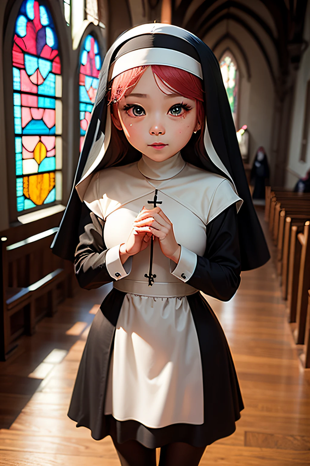 masterpiece、top-quality、ultra-detailliert、Full body depiction、(Chibi Nun:1.2)、独奏、Cosplay、inside a church、stain glass、doa、Well Cosplay Costume