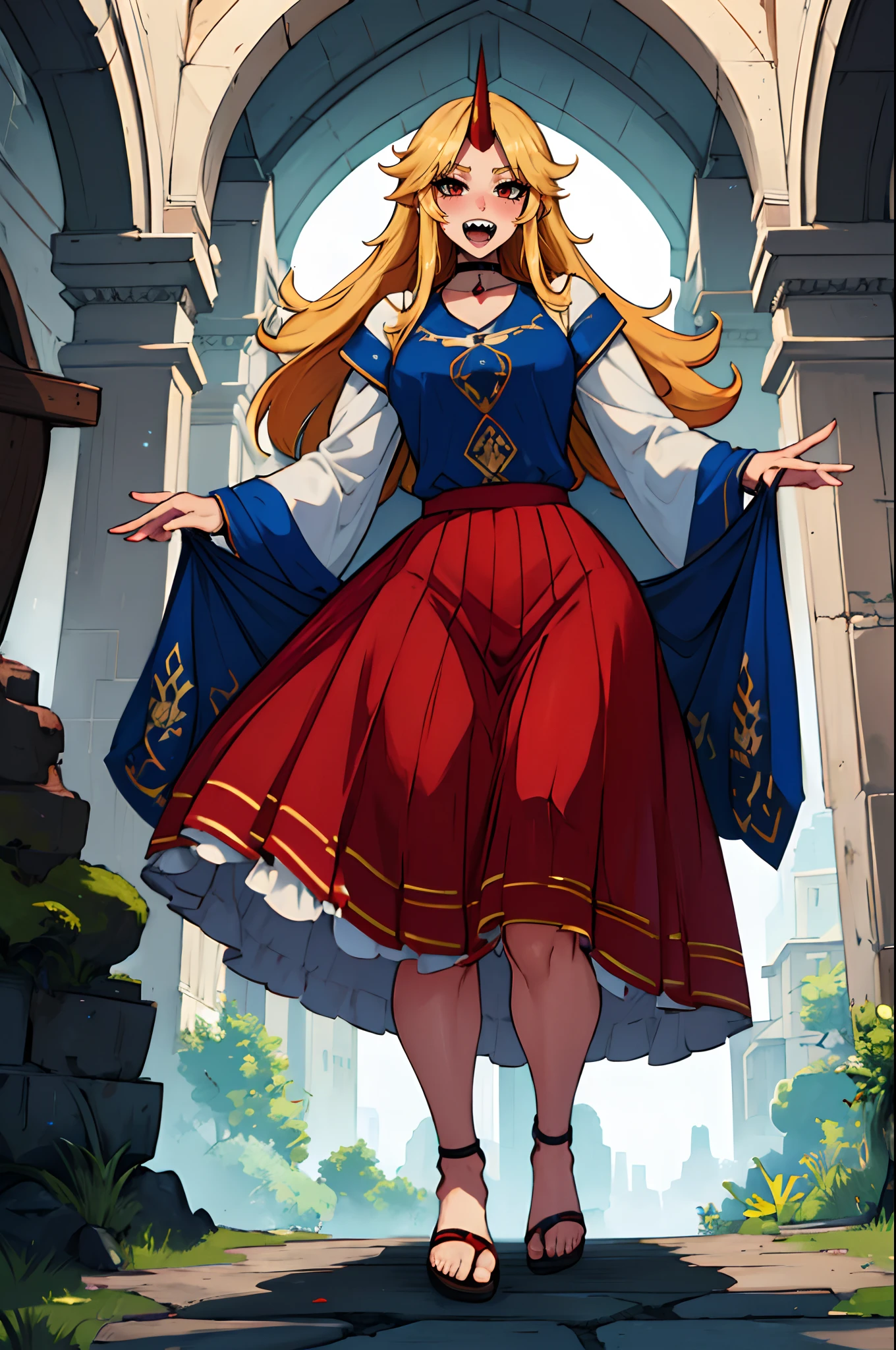 hoshiguma yuugi, european medieval cloths, crazy smile, medium breast, large skirt, long skirt, flipflops, full body, standing, medieval clothing,long skirt,(best quality,4k,8k,highres,masterpiece:1.2),ultra-detailed,(,1.37),portraits,vivid colors,warm tones,soft lighting, sharpteeth open mouth ,smile, double long skirt, long sleeves, white pullover, red and blue skirt,ultra-detailed hands,