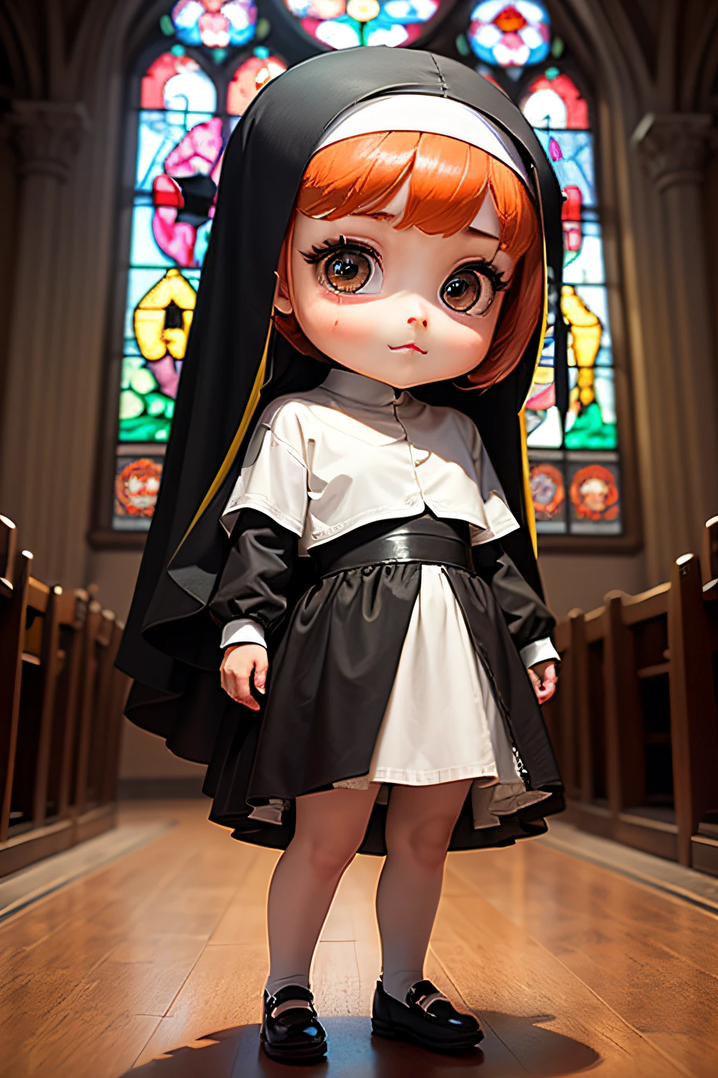 ​masterpiece、top-quality、ultra-detailliert、Full body depiction、(Chibi Nun:1.2)、独奏、Cosplay、inside a church、stain glass、doa、Well Cosplay Costume