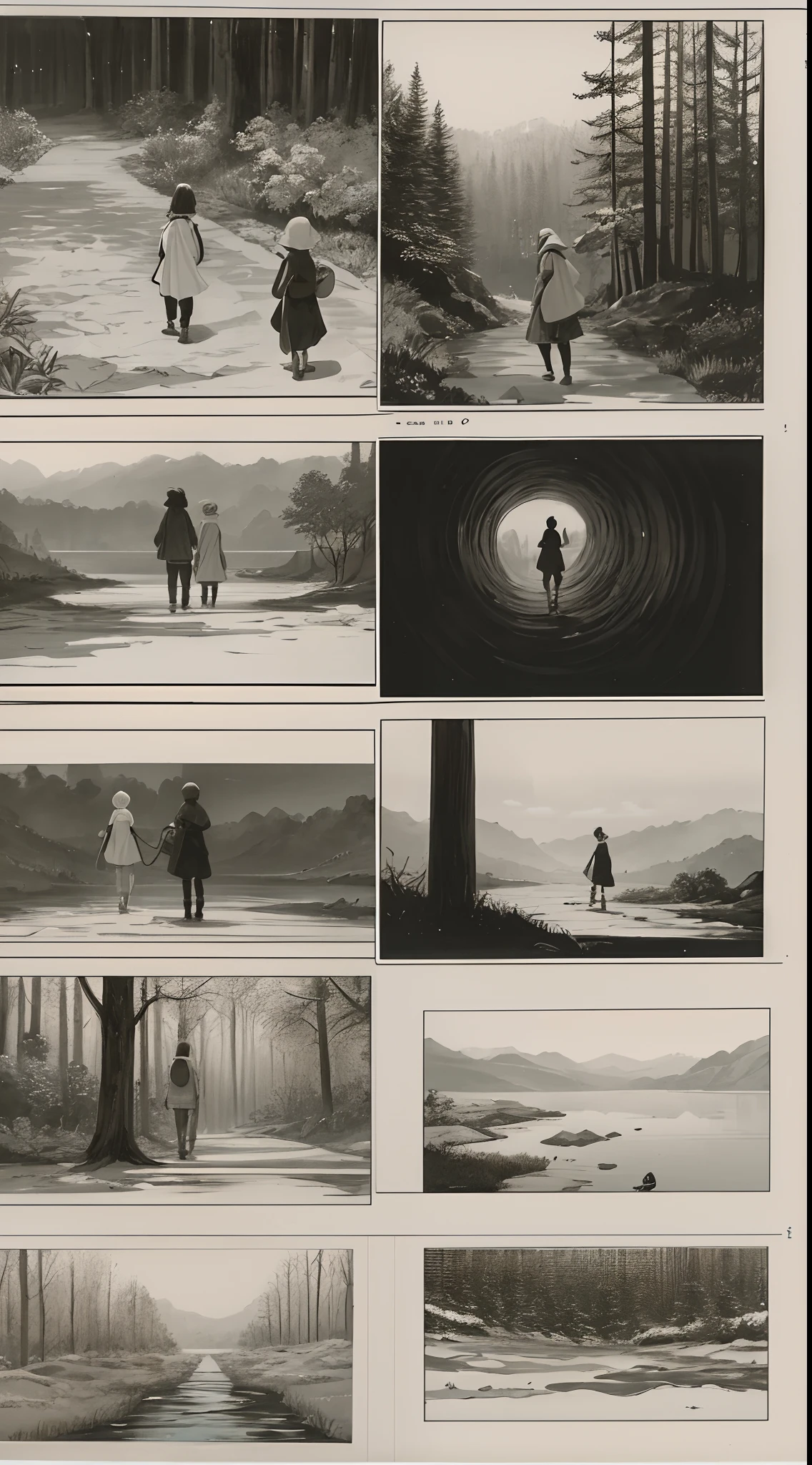 A storyboard of a short anime about a mysterious one-headed creature and a girl who picked it up, Number the frames from 1 to 6 in the order of reading from top left to bottom right, Frame 1: A forest scenery where the girl and the creature meet, Frame 2:A back view of the girl walking with a basket, Frame 3: A top view of the girl walking, Frame4: A picture of the girl and the creature floating in the lake staring at each other, Frame 5: A side view of the girl's curious face looking to the left, Frame 6: A picture of the girl's hand reaching out to the creature,