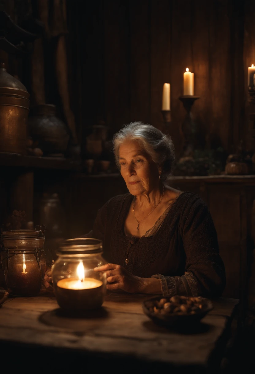 (larger, ultra detailed, Cinematic, UHD), room, table with dried herbs on top, candles around spilling wax, holding a glass jar, dark setting, antique iron cauldron, (Old Western Building), wooden room walls old woman, detailed building, detailed table, detailed room, elderly black-haired woman, thick lit candles, light particle, fireflies, oil painting