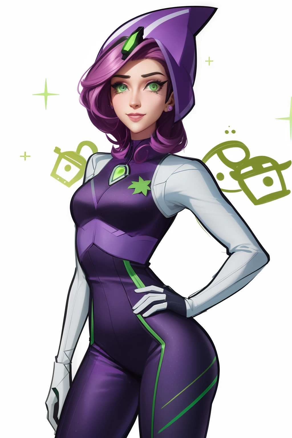 a drawing of a woman in a purple and green outfit, lois van baarle and rossdraws, rossdraws cartoon vibrant, lucio as a woman, as an overwatch character, as overwatch character, rossdraws and jazza, overwatch inspired, overwatch fanart, female lucio, cute cyborg girl, artgerm and lois van baarle, overwatch style