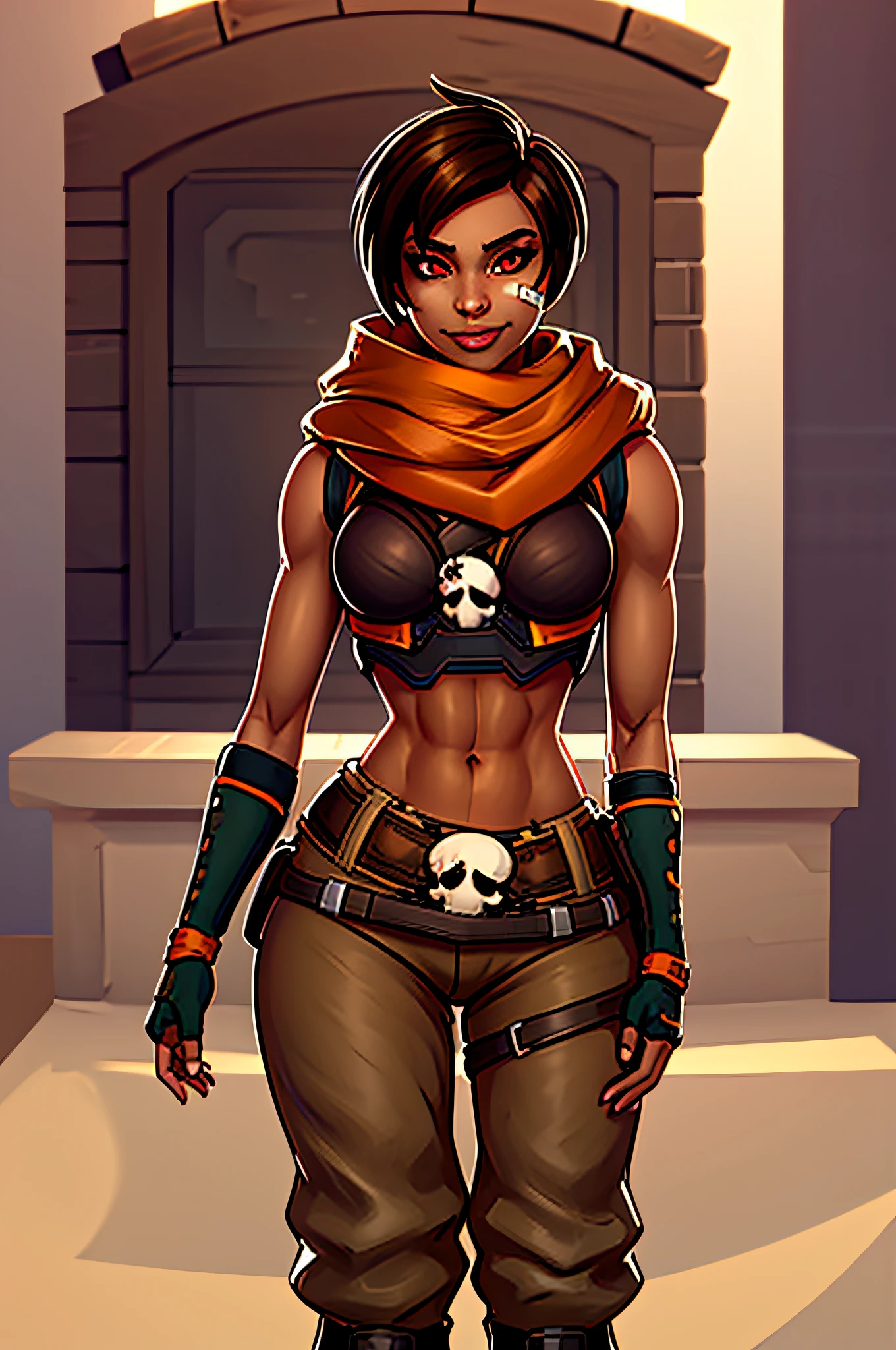 Kinessa, short brown hair, red eyes, toned, orange scarf, Band-Aid on cheek, fingerless gloves, belt with a skull, boots, crop top, pants, 1girl, solo, facing viewer, looking at viewer, smile