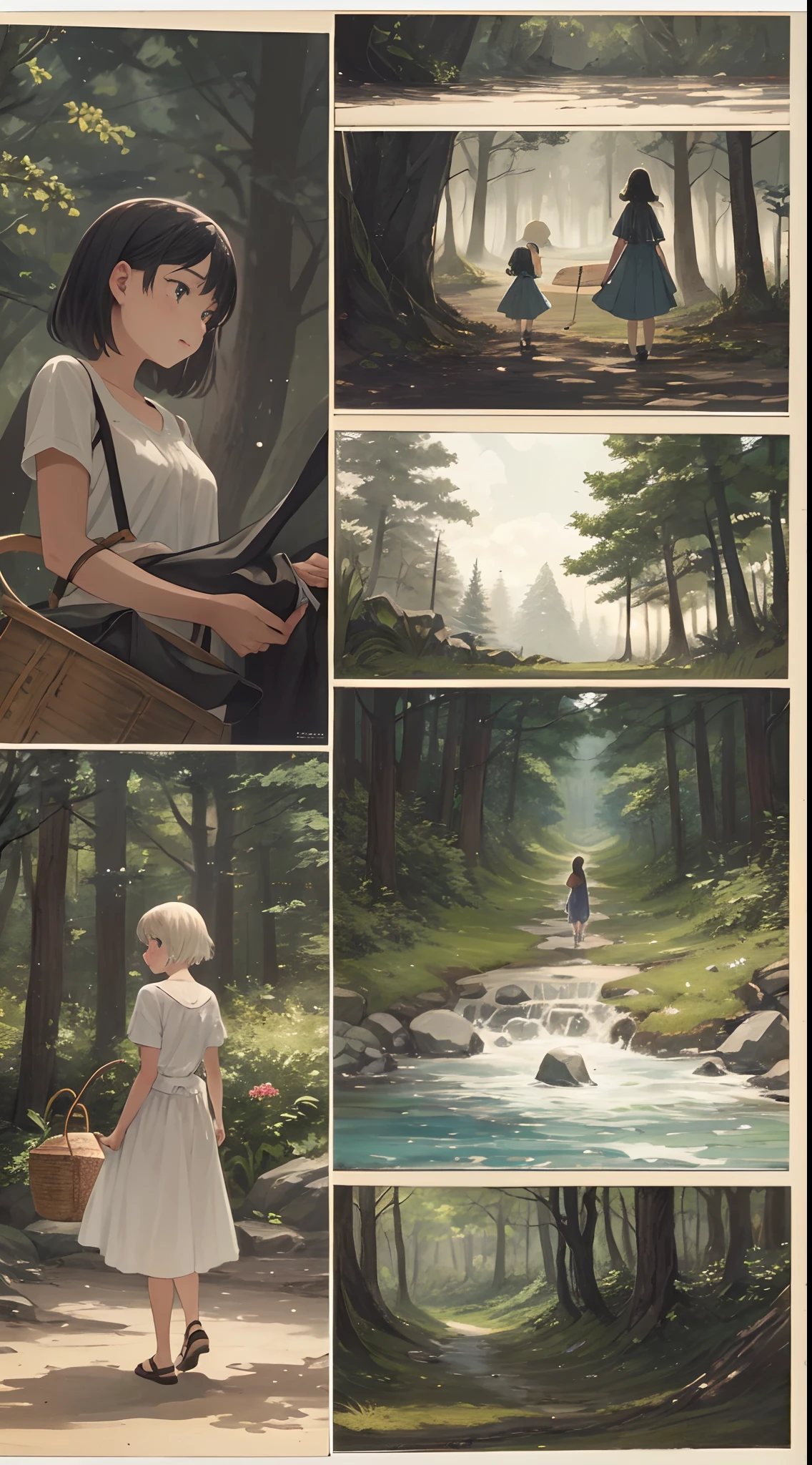 A storyboard of a short anime about a mysterious one-headed creature and a girl who picked it up, Number the frames from 1 to 6 in the order of reading from top left to bottom right, Frame 1: A forest scenery where the girl and the creature meet, Frame 2:A back view of the girl walking with a basket, Frame 3: A top view of the girl walking, Frame4: A picture of the girl and the creature floating in the lake staring at each other, Frame 5: A side view of the girl's curious face looking to the left, Frame 6: A picture of the girl's hand reaching out to the creature,