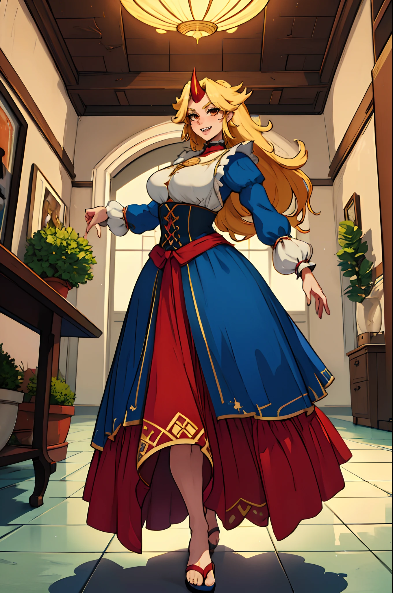 hoshiguma yuugi, european medieval cloths, crazy smile, medium breast, large skirt, long skirt, flipflops, full body, standing, medieval clothing,long skirt,(best quality,4k,8k,highres,masterpiece:1.2),ultra-detailed,(,1.37),portraits,vivid colors,warm tones,soft lighting, sharpteeth open mouth ,smile, double long skirt, long sleeves, white pullover, red and blue skirt,ultra-detailed hands,long hair, living hair, (best quality, masterpiece:1.2), ultra-detailed, (, 1.37), portraits, vivid colors, warm tones, sharpteeth open mouth, smile, soft lighting, Renaissance, Neoclassicism, interior architecture, rococo style, Art Deco, high detail, American propaganda poster, Baroque, Contemporary art, Constructivism, Dutch Golden Age painting, Northern Renaissance, Monet, Luminism, Ghibli-like colours, Classicism, Art Nouveau, anime style, Post-Impressionism, Pixar, Verism, pre-rephaëlite painting, Fujicolor, ray tracing, 4k, 8k, highres, best quality, highres, 1080P, HD, 4K, 8k, award winning, high details, textured skin, ccurate, masterpiece, retina, UHD, anatomically correct, super detail, textured skin, 16k