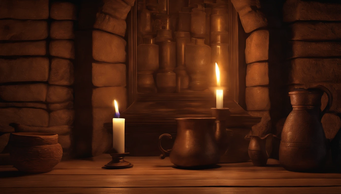 (maior, ultra detalhado, cinemactic, UHD), quarto, mesa com ervas secas no topo, velas ao redor de cera derramando, segurando um frasco de vidro, Dark setting, Ancient iron cauldron, (Old Western Building), paredes de madeira do quarto mulher velha, detailed building, Tabela detalhada, quarto detalhado, mulher idosa de cabelos pretos, velas acesas grossas, light particle, Pirilampos, oil painting