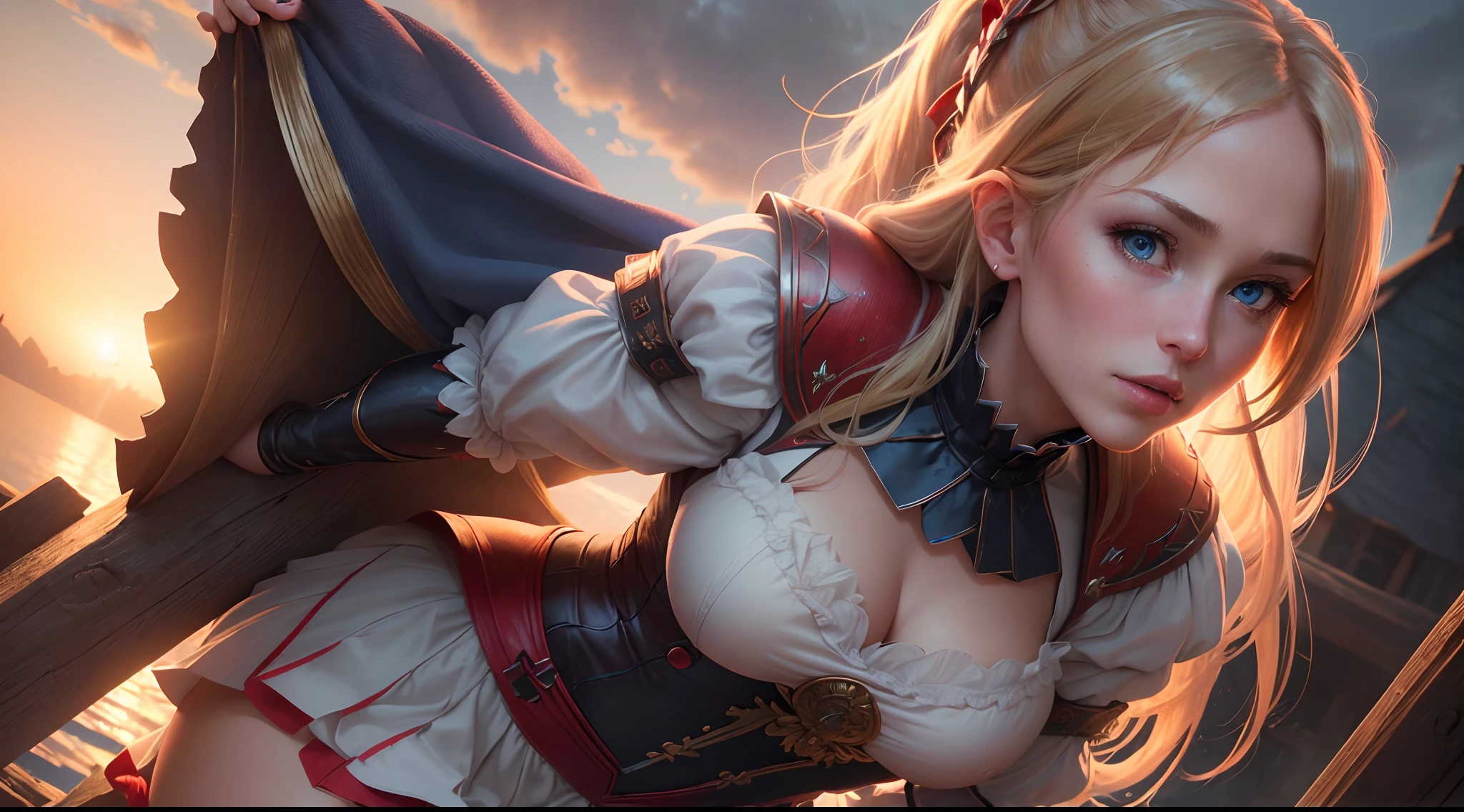 (best quality,4k,8k,highres,masterpiece:1.2),ultra-detailed,(realistic,photorealistic,photo-realistic:1.37),medieval setting, woman, blue eyes, blonde hair, ponytail with a red ribbon and sidebangs, red-white amazon armor, cape, sunset, eerie atmosphere, praying to her goddess, fullbody, no portrait