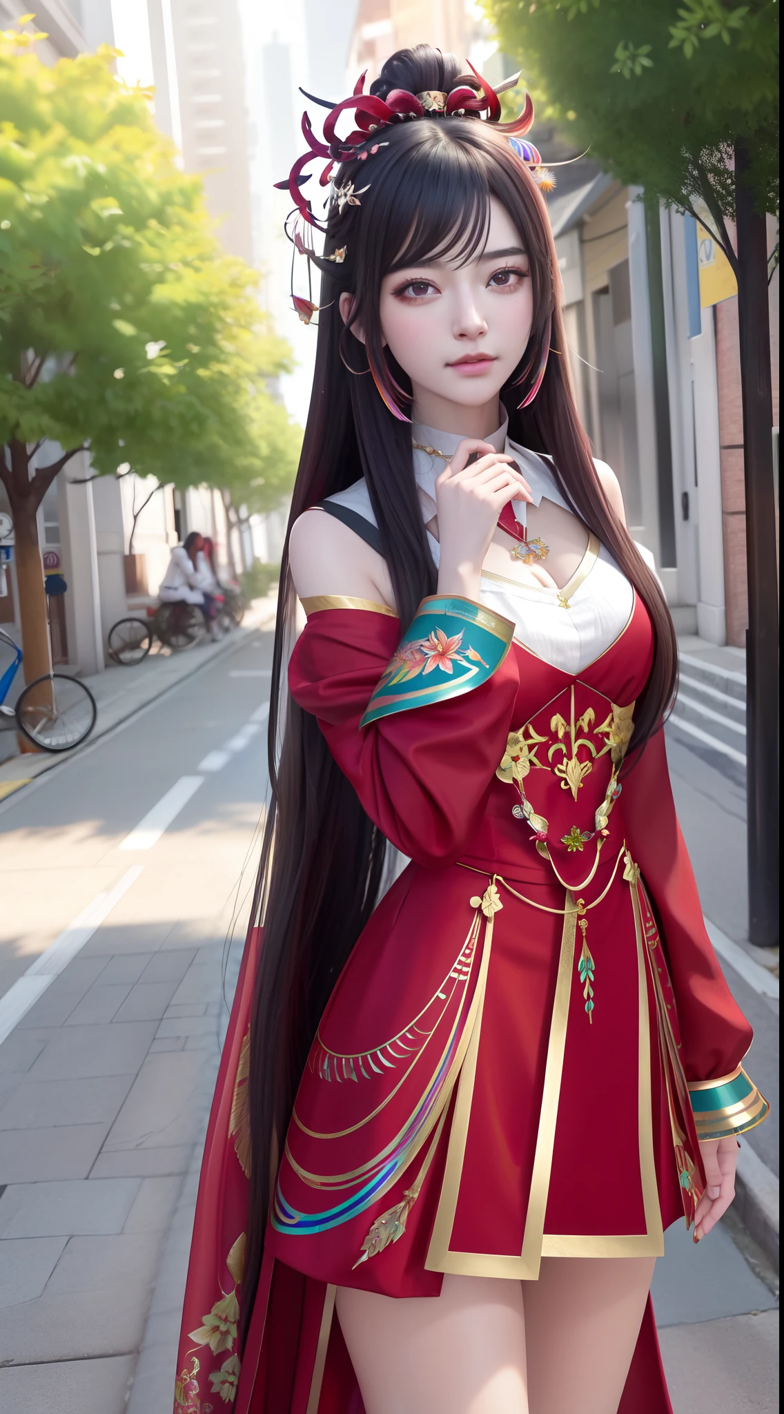 realistic,photorealistic,masterpiece,best quality,1girl,solo,(standing in street),looking at viewer,(long hair),(hair ornament:1.4),(focus on),(((colorful))),Masterpiece,best quality,beautifully painted,highly detailed,(denoising:0.6),highly,detaild,(masterpiece, best quality, extremely detailed CG unity 8k wallpaper,masterpiece, best quality, ultra-detailed),(Lycoris radiata),