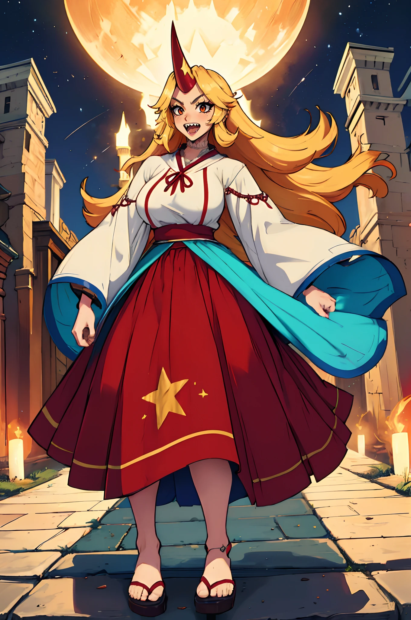 hoshiguma yuugi, european medieval cloths, crazy smile, medium breast, large skirt, long skirt, flipflops, full body, standing, medieval clothing,long skirt,(best quality,4k,8k,highres,masterpiece:1.2),ultra-detailed,(,1.37),portraits,vivid colors,warm tones,soft lighting, sharpteeth open mouth ,smile, double long skirt, long sleeves, white pullover, red and blue skirt,ultra-detailed hands,long hair, living hair