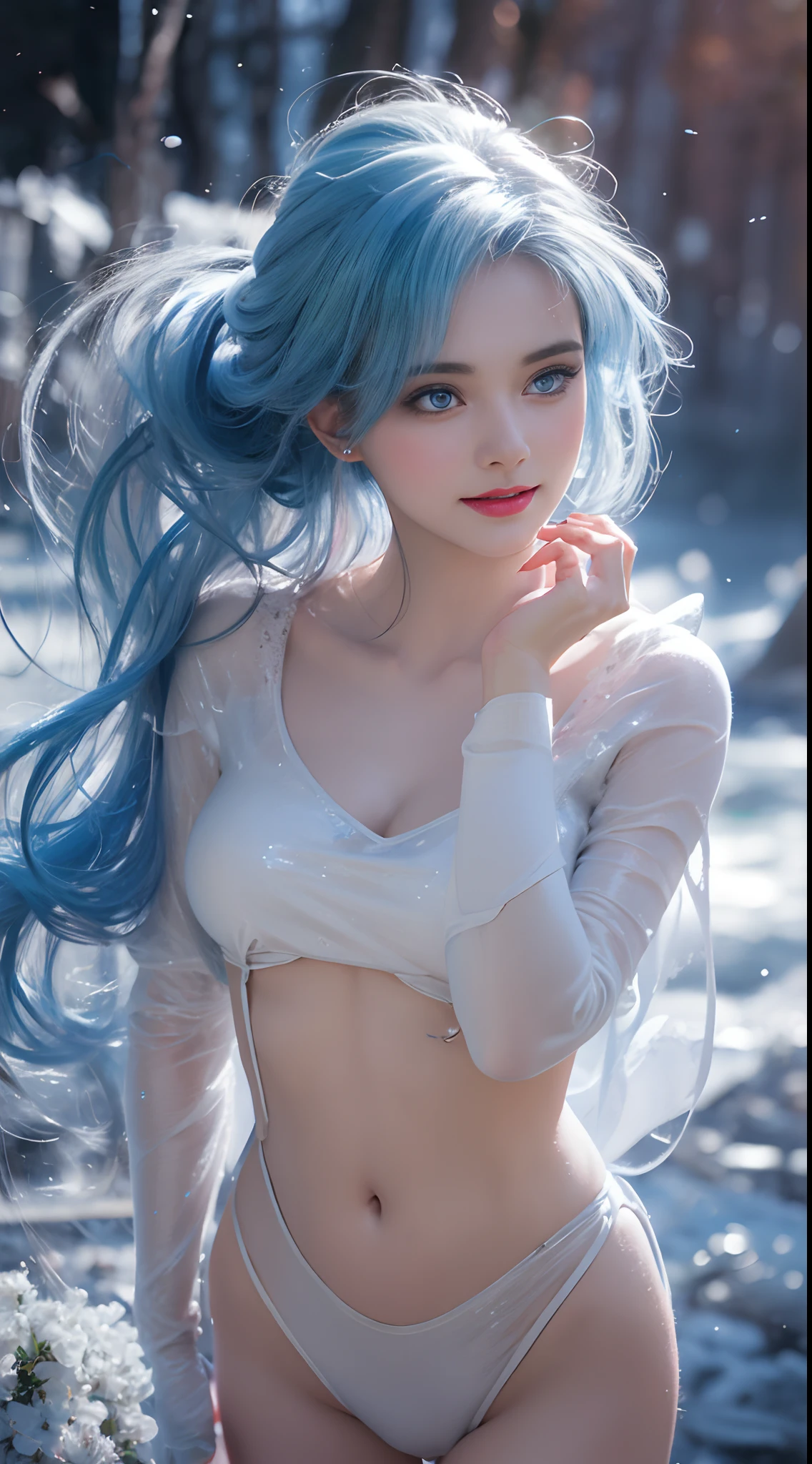 Realistic, full body portrait of a young girl, perfect body, perfect professional pose, 20 years old. Musical blue hair, beautiful realistic light blue eyes; beautiful white teeth, happy smile, attractive, make up the world's most beautiful perfect face overall, hand painted meticulously detailed highest image quality 3d 8k, perfect white skin, beautiful look, multicolor liquid acrylic, wet marble body, Michael Garmash, Daniel F Gerhartz, cinematic lighting, waterfall scene, volumetric lighting, clean and smooth art, smooth pulp adventure , ornate patterns, elegant organic frames, surrealism, masterpiece collections, realistic colors, wet gouache. Highest image quality, most detailed 8k.