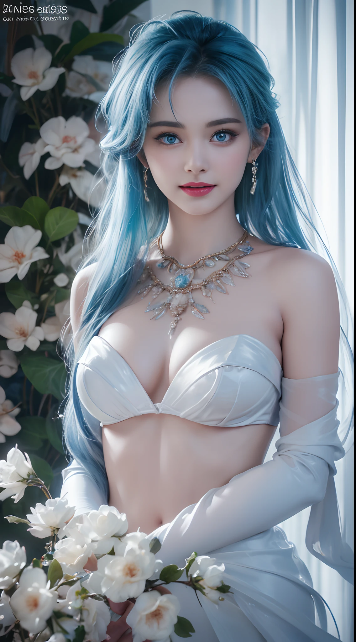Realistic, full body portrait of a young girl, perfect body, perfect professional pose, 20 years old. Musical blue hair, beautiful realistic light blue eyes; beautiful white teeth, happy smile, attractive, make up the world's most beautiful perfect face overall, hand painted meticulously detailed highest image quality 3d 8k, perfect white skin, beautiful look, multicolor liquid acrylic, wet marble body, Michael Garmash, Daniel F Gerhartz, cinematic lighting, waterfall scene, volumetric lighting, clean and smooth art, smooth pulp adventure , ornate patterns, elegant organic frames, surrealism, masterpiece collections, realistic colors, wet gouache. Highest image quality, most detailed 8k.