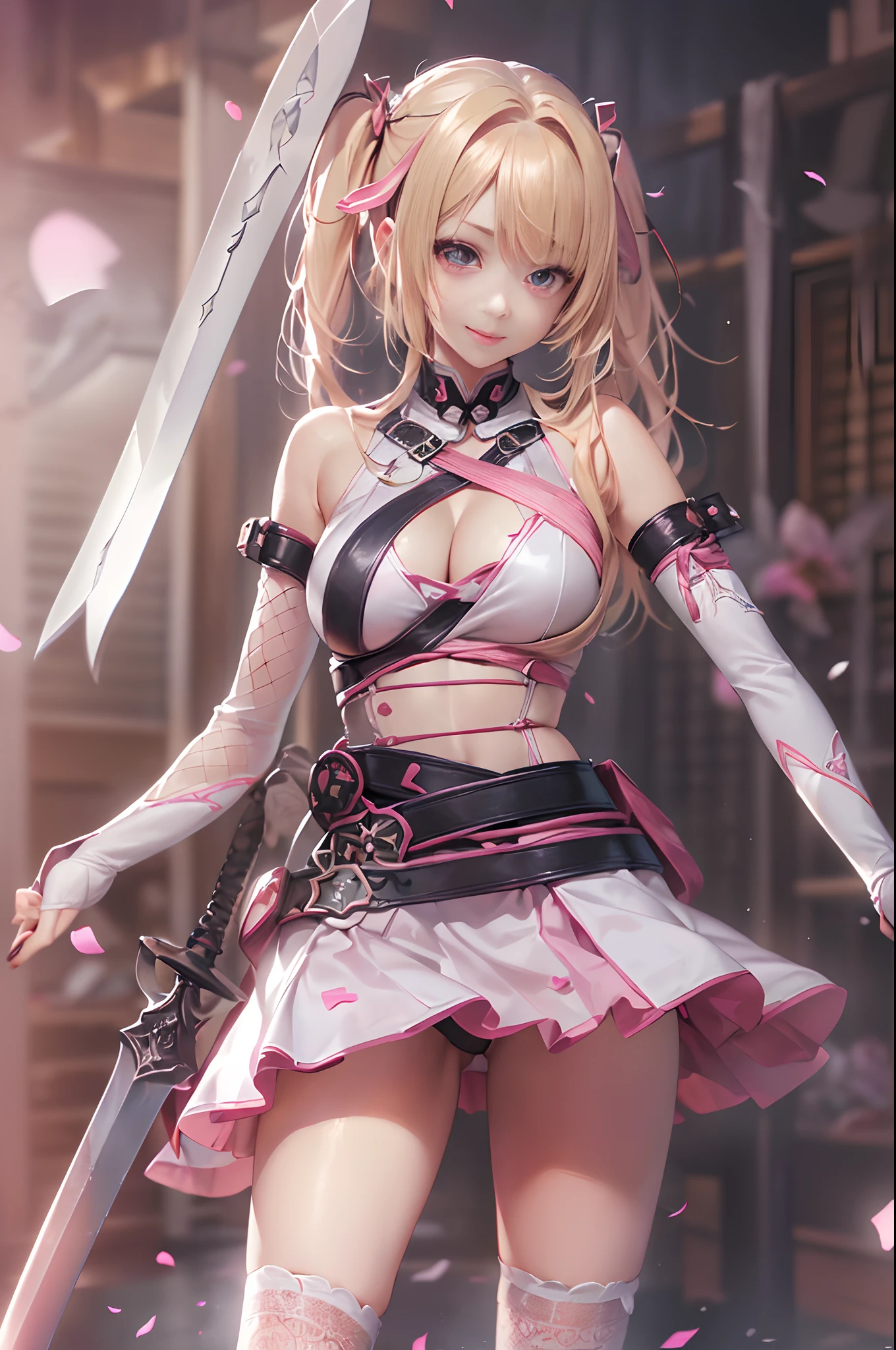 ((16k,Raw photography,top-quality,hight resolution,Ray tracing,PBR Texture,Post-processing,)),(((Pink leather bondage skirt , Cute Japan anime girl,Sword Art Online,Haruka Tomatsu,long long straight blonde hair,Emphasize cleavage,bare hand,Thin leg,The number of accurately drawn fingers,Slender legs,Limbs are2There are only books)))(finerly detailed face:1.4),(masterpiece:1.4),(top-quality:1.4), Beautiful fine skin,(cute little:1.5),(Complex fishnet stockings),pin heels,Leather luster 3.0,Beautiful skin,(Bodycon with beautiful embroidery),((tthin eyebrows,long eyelashes,smil,二重まぶた,)),(((No title required,Never write,Never include text,))),Do not wear anything on your shoulders, Active figure,Obi Ken,Create beautiful light effects on the background、Create a confetti effect on the background,