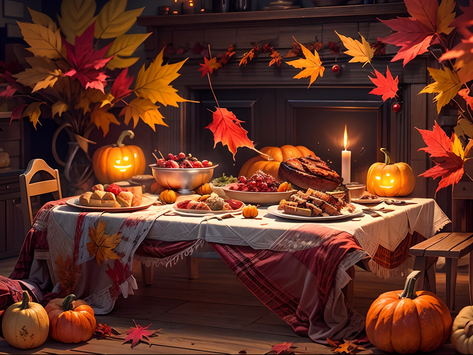 （hologram:1.5),Thanksgiving dinner table, Beautifully set dining table, Mouthwatering turkey and fillings, Cranberry jam and gravy, Delicious pumpkin pie and dessert, Candlelight and autumn decorations, Autumn colors and cozy fireplace, （paper art，Quilted paper art，Geometry），（plethora of colors，Best quality，high detal，tmasterpiece，Cinematic lighting effects，4K，Chiaroscuro）