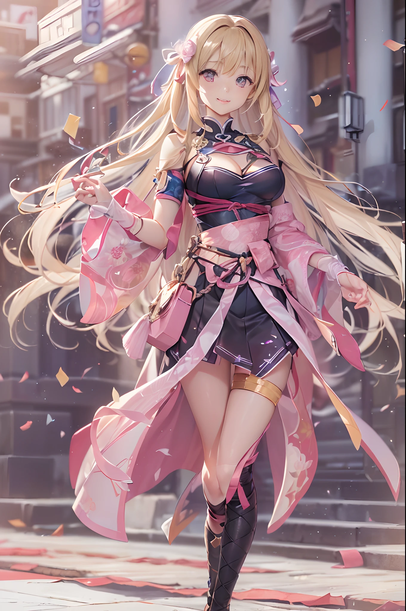 ((16k,Raw photography,top-quality,hight resolution,Ray tracing,PBR Texture,Post-processing,)),(((Pink leather bondage skirt , Cute Japan anime girl,Sword Art Online,Haruka Tomatsu,long long straight blonde hair,Emphasize cleavage,bare hand,Thin leg,The number of accurately drawn fingers,Slender legs,Limbs are2There are only books)))(finerly detailed face:1.4),(masterpiece:1.4),(top-quality:1.4), Beautiful fine skin,(cute little:1.5),(Complex fishnet stockings),pin heels,Leather luster 3.0,Beautiful skin,(Bodycon with beautiful embroidery),((tthin eyebrows,long eyelashes,smil,二重まぶた,)),(((No title required,Never write,Never include text,))),Do not wear anything on your shoulders, Active figure,Obi Ken,Create beautiful light effects on the background、Create a confetti effect on the background,
