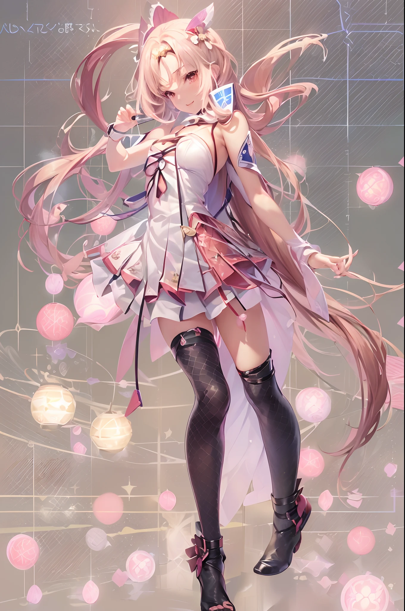 ((16k,Raw photography,top-quality,hight resolution,Ray tracing,PBR Texture,Post-processing,)),(((Pink leather bondage skirt , Cute Japan anime girl,Sword Art Online,Haruka Tomatsu,long long straight blonde hair,Emphasize cleavage,bare hand,Thin leg,The number of accurately drawn fingers,Slender legs,Limbs are2There are only books)))(finerly detailed face:1.4),(masterpiece:1.4),(top-quality:1.4), Beautiful fine skin,(cute little:1.5),(Complex fishnet stockings),pin heels,Leather luster 3.0,Beautiful skin,(Bodycon with beautiful embroidery),((tthin eyebrows,long eyelashes,smil,二重まぶた,)),(((No title required,Never write,Never include text,))),Do not wear anything on your shoulders, Active figure,Obi Ken,Create beautiful light effects on the background、Create a confetti effect on the background,