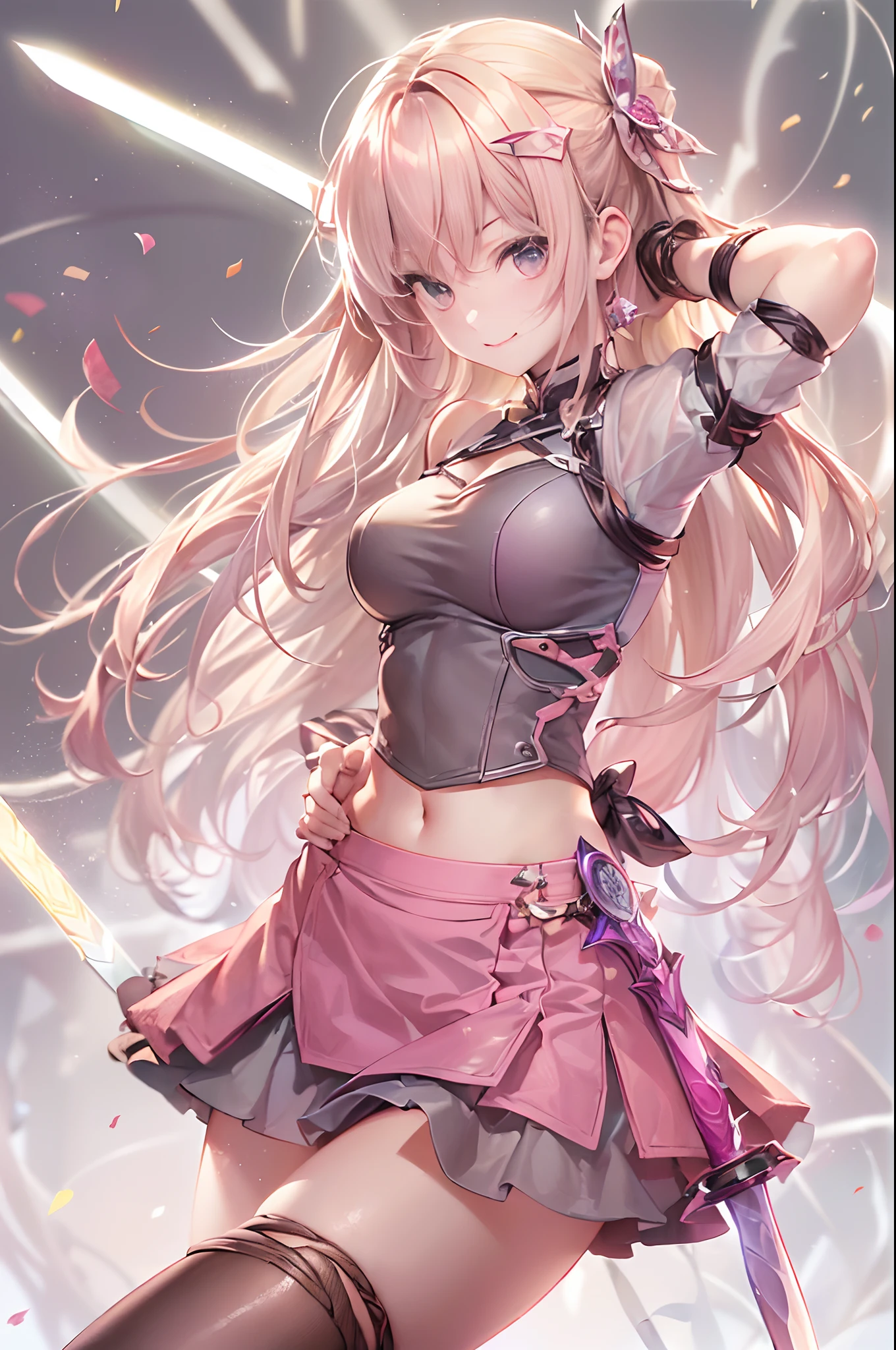 ((16k,Raw photography,top-quality,hight resolution,Ray tracing,PBR Texture,Post-processing,)),(((Pink leather bondage skirt , Cute Japan anime girl,Sword Art Online,Haruka Tomatsu,long long straight blonde hair,Emphasize cleavage,bare hand,Thin leg,The number of accurately drawn fingers,Slender legs,Limbs are2There are only books)))(finerly detailed face:1.4),(masterpiece:1.4),(top-quality:1.4), Beautiful fine skin,(cute little:1.5),(Complex fishnet stockings),pin heels,Leather luster 3.0,Beautiful skin,(Bodycon with beautiful embroidery),((tthin eyebrows,long eyelashes,smil,二重まぶた,)),(((No title required,Never write,Never include text,))),Do not wear anything on your shoulders, awkward figure, activity,Create beautiful light effects on the background、Create a confetti effect on the background,