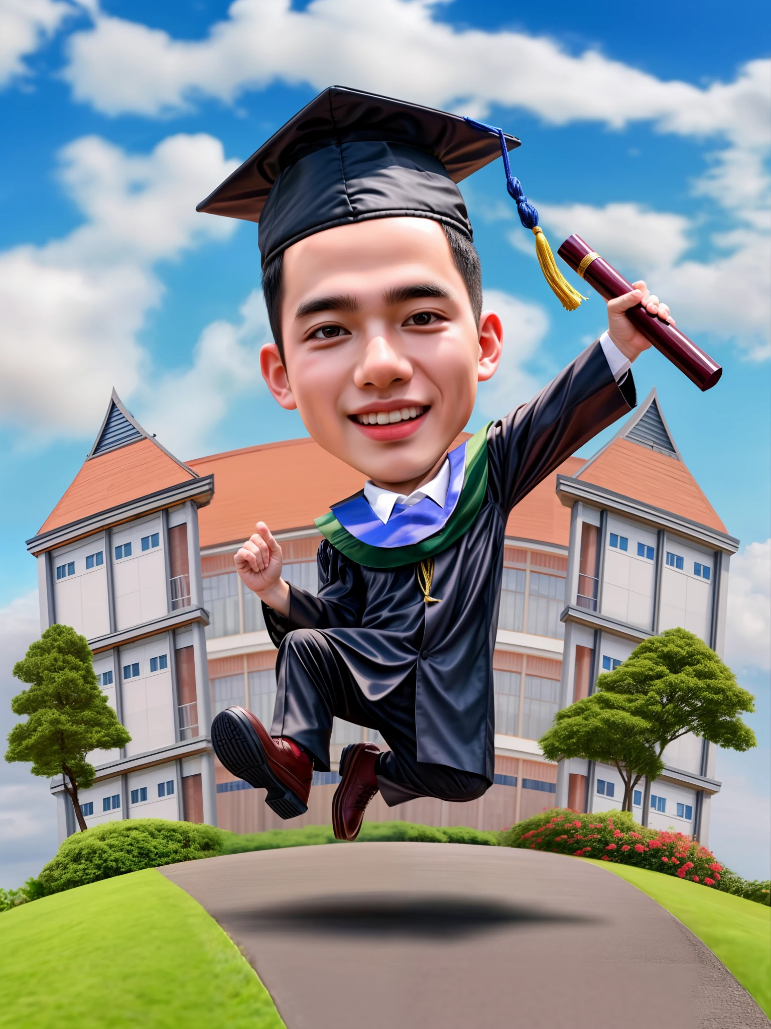 (masterpiece), (best quality), 4K, 8K, HD resolution, caricature, 1boy, graduation,  graduates, indonesian graduation, black long pants, toga hat, holding diploma scroll, jumping on the road, university building background, white clouds, blue sky, garden, trees, photo realistic