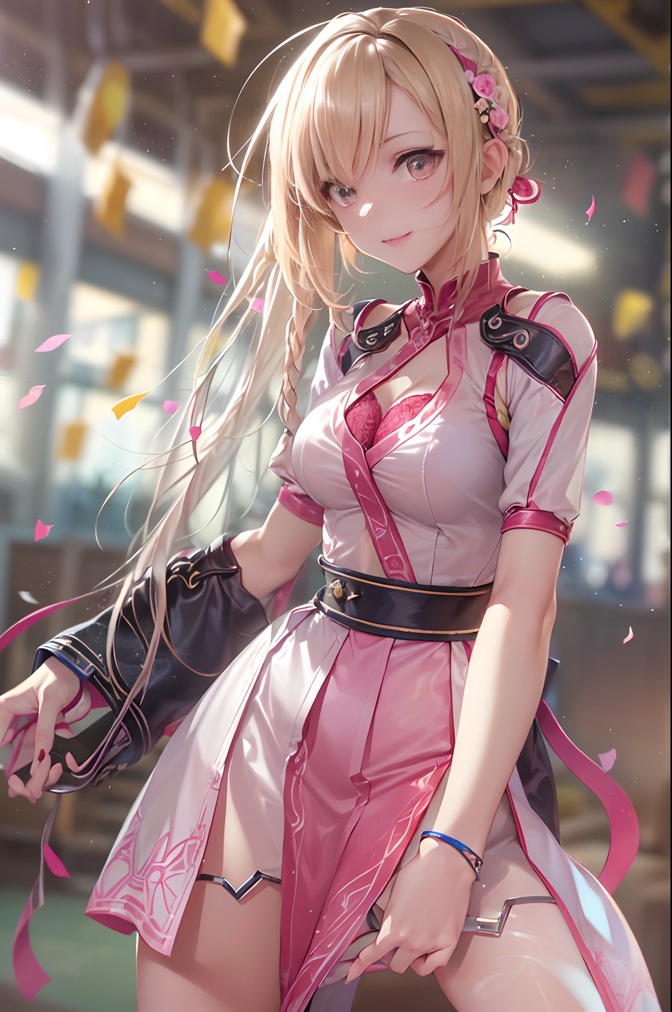 ((16k,Raw photography,top-quality,hight resolution,Ray tracing,PBR Texture,Post-processing,)),(((Pink leather bondage skirt , Cute Japan anime girl,Sword Art Online,Haruka Tomatsu,long long straight blonde hair,Emphasize cleavage,bare hand,Thin leg,The number of accurately drawn fingers,Slender legs,Limbs are2There are only books)))(finerly detailed face:1.4),(masterpiece:1.4),(top-quality:1.4), Beautiful fine skin,(cute little:1.5),(Complex fishnet stockings),pin heels,Leather luster 3.0,Beautiful skin,(Bodycon with beautiful embroidery),((tthin eyebrows,long eyelashes,smil,二重まぶた,)),(((No title required,Never write,Never include text,))),Do not wear anything on your shoulders, awkward figure, activity,Create beautiful light effects on the background、Create a confetti effect on the background,