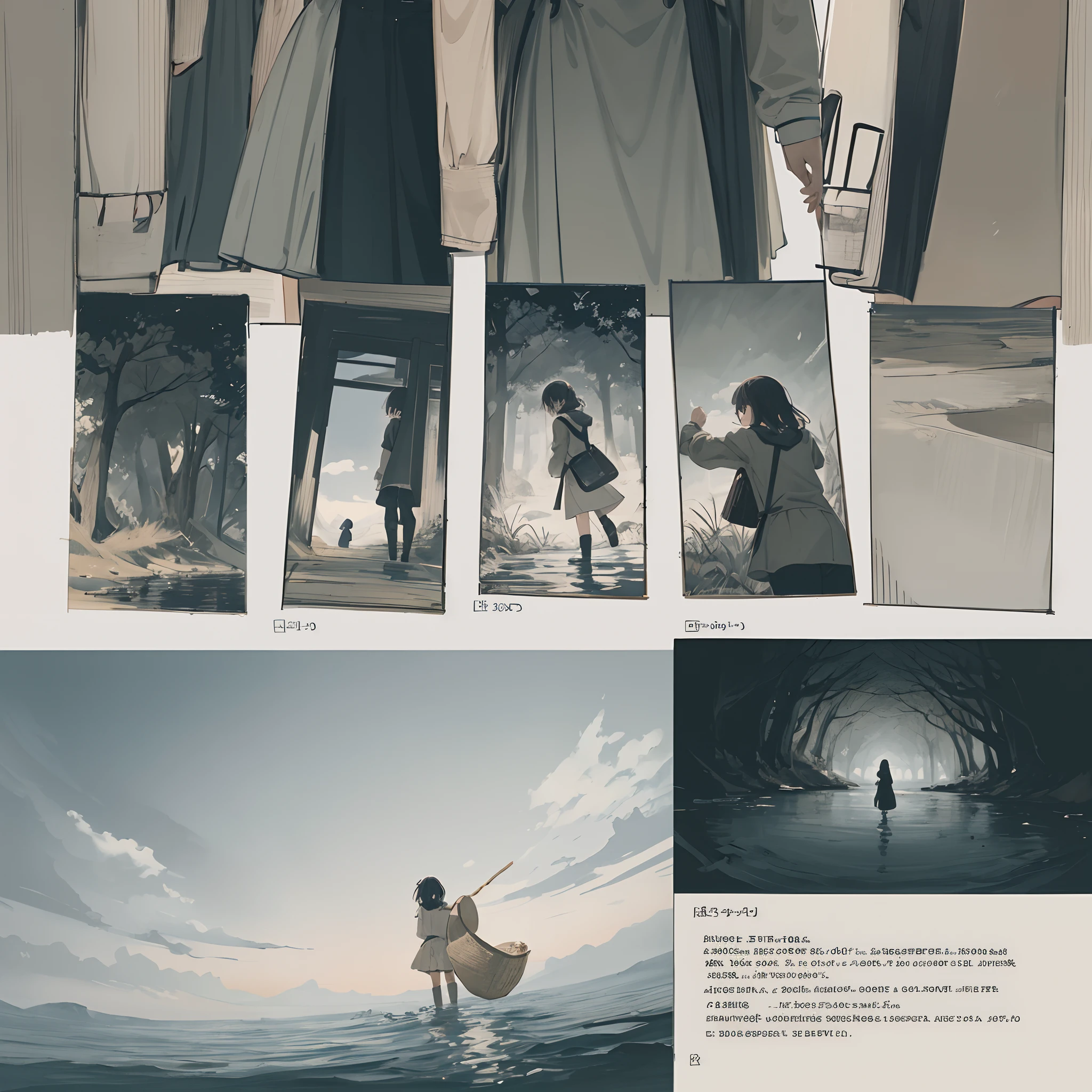 A storyboard of a short anime about a mysterious one-headed creature and a girl who picked it up, Number the frames from 1 to 6 in the order of reading from top left to bottom right, Frame 1: A forest scenery where the girl and the creature meet, Frame 2:A back view of the girl walking with a basket, Frame 3: A top view of the girl walking, Frame4: A picture of the girl and the creature floating in the lake staring at each other, Frame 5: A side view of the girl's curious face looking to the left, Frame 6: A picture of the girl's hand reaching out to the creature,